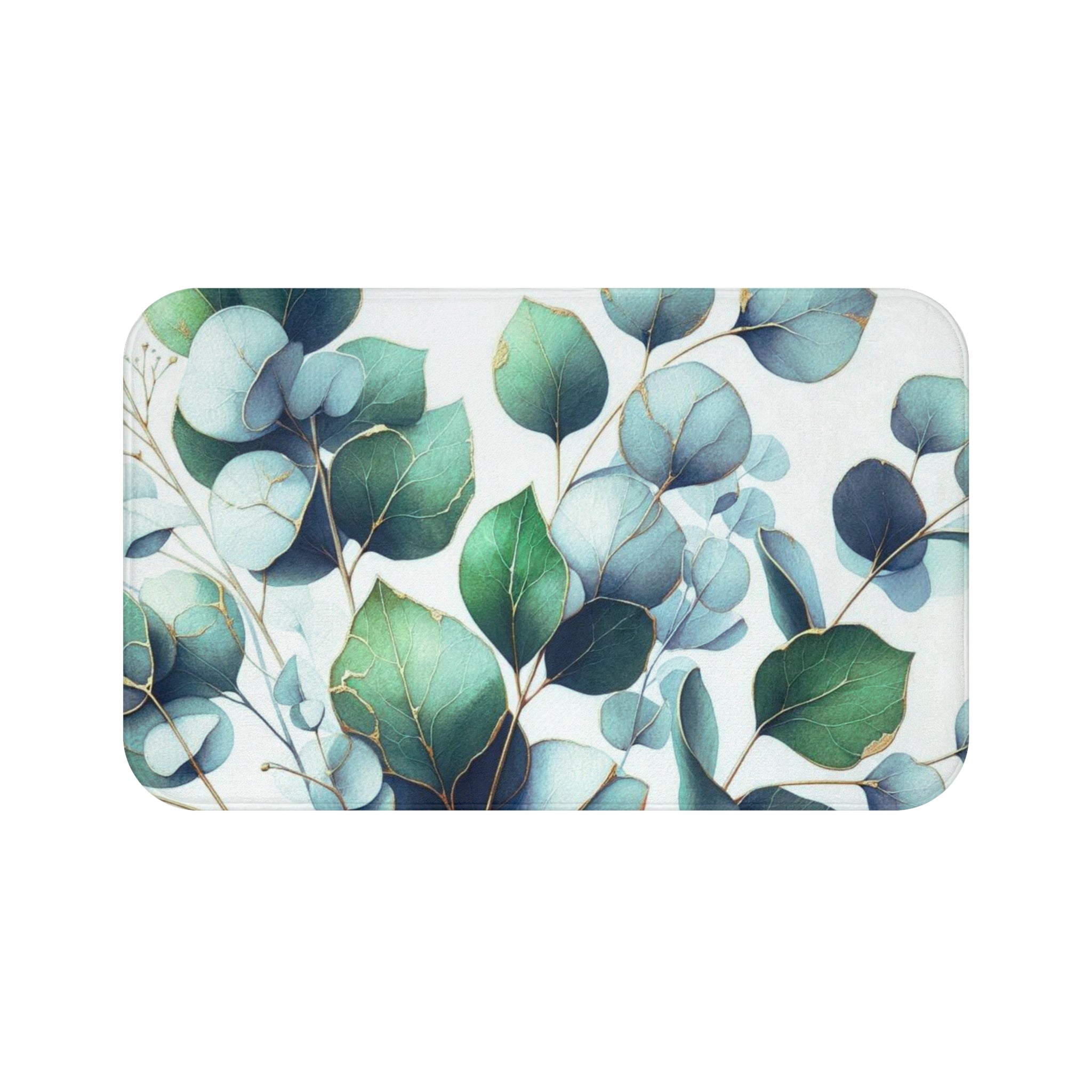 Floral Bath Mat, Kitchen Mat | Forest Green, Pale Blue Eucalyptus Leavea