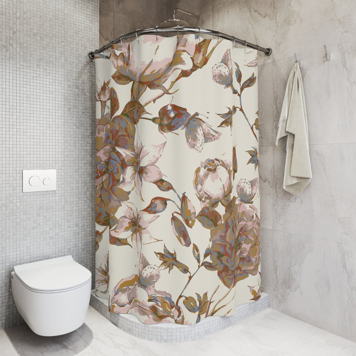 a bathroom with a shower curtain adorned with a floral pattern in shades of pink, white, and brown. The shower curtain is hanging from a rod next to a towel. The bathroom also includes a toilet and a sink.