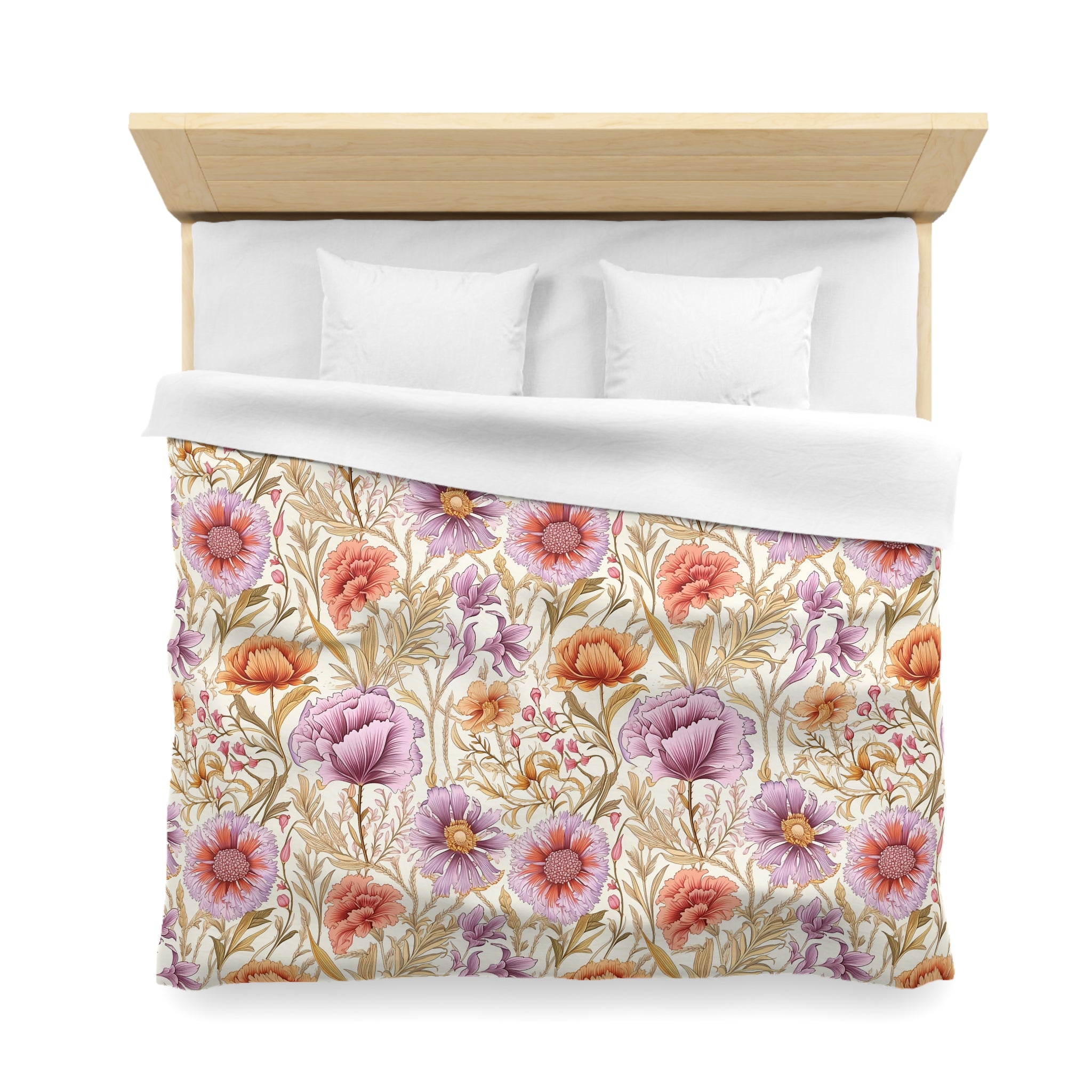 Boho Floral Duvet Cover | Beige Lilac Pink, Coral Cream