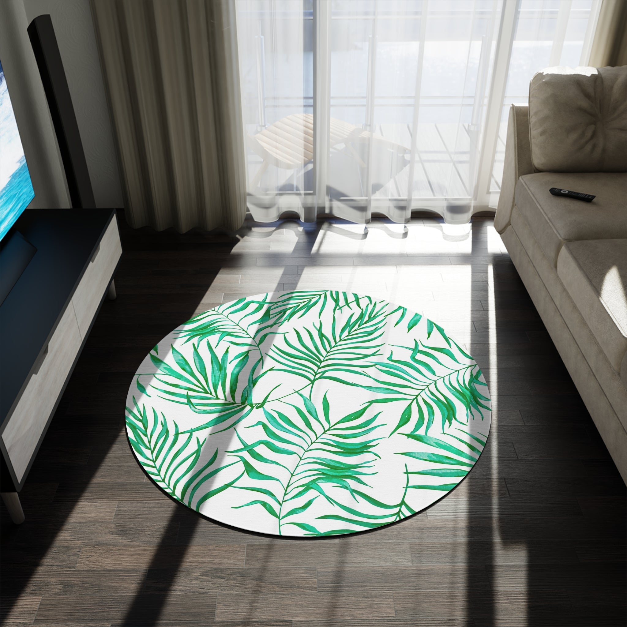 Floral Round Area Rug | Tropical Green Palm Leaves, White