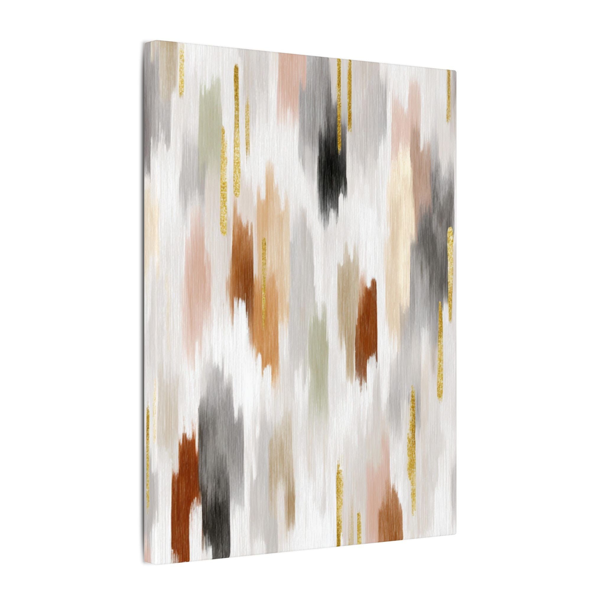 The image is an abstract painting with a mix of colors and textures, including shades of white, gray, brown, and orange. The painting has a textured appearance, with brushstrokes and splatters creating a dynamic and expressive visual effect.