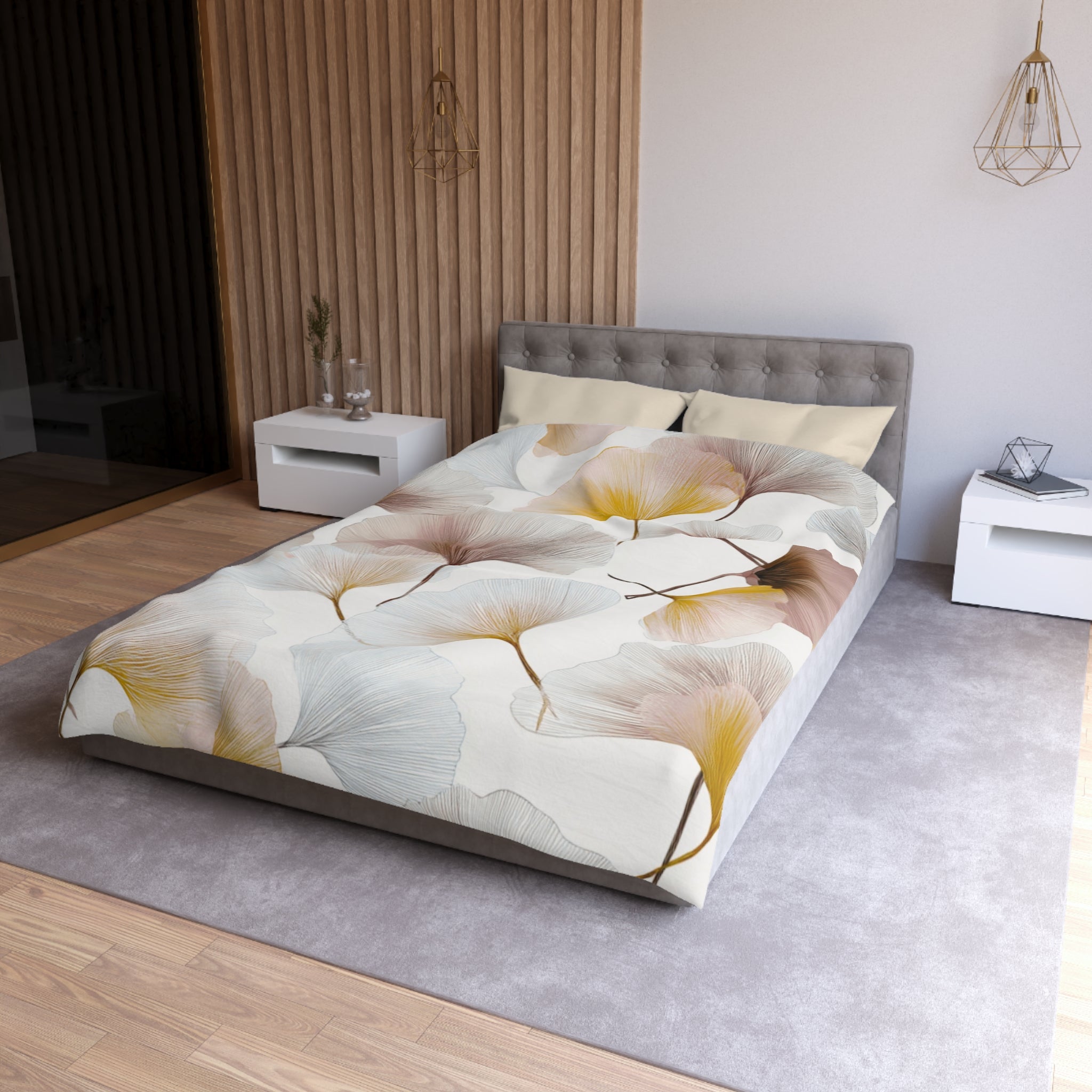 White and yellow floral duvet cover in a bright contemporary bedroom