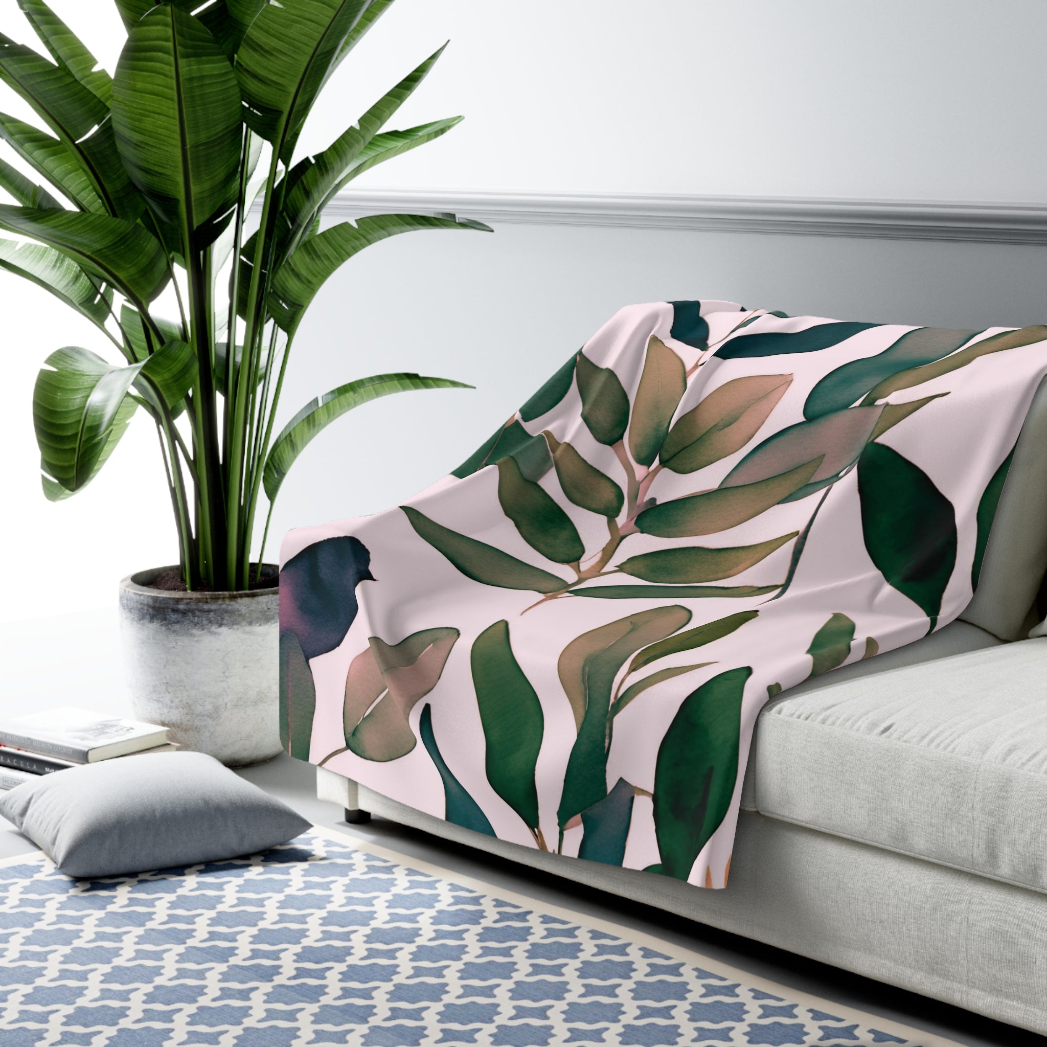 Floral Throw Blanket | Dark Green, Blush Pink Eucalyptus Leaves