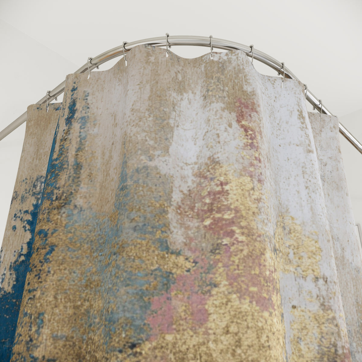 a shower curtain with a textured, multicolored design.