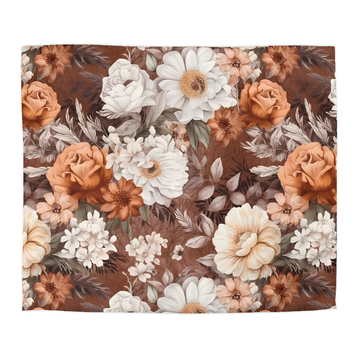 a vibrant floral pattern with a variety of flowers in shades of white, orange, and brown. The flowers are arranged in a visually appealing manner, creating a sense of depth and texture. The overall composition is rich and full, showcasing the beauty and diversity of the floral design.