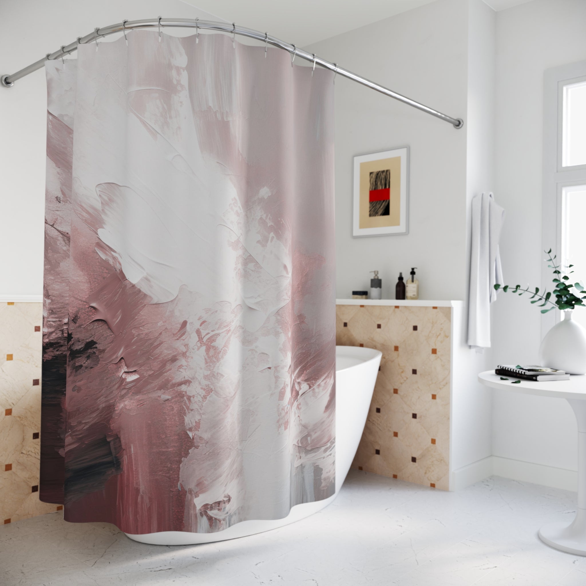 Boho Shower Curtain | Burgundy Grey White Fabric Curtain