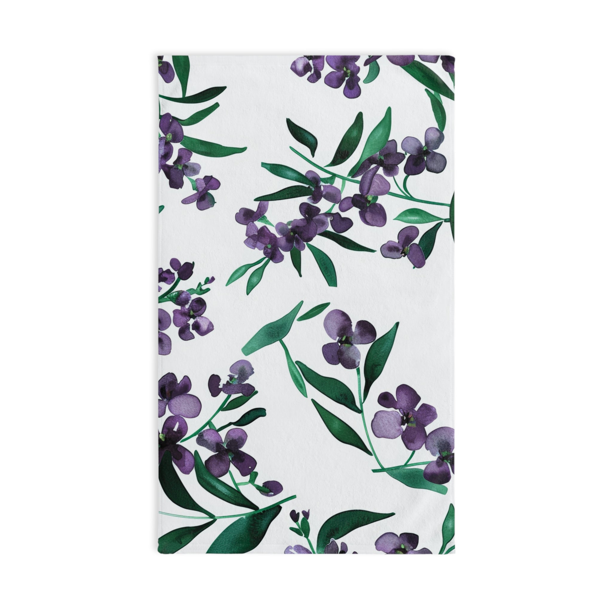 Floral Kitchen, Bath Hand Towel | Botanical White Purple, Green Watercolor