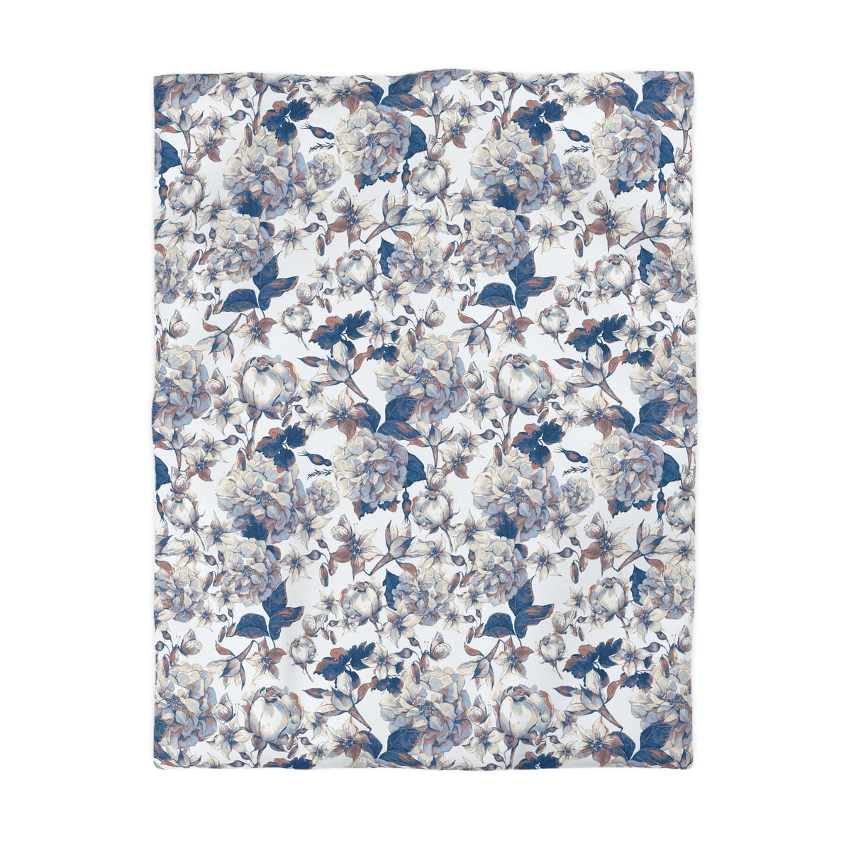 a floral pattern with blue and white flowers and leaves on a white background.