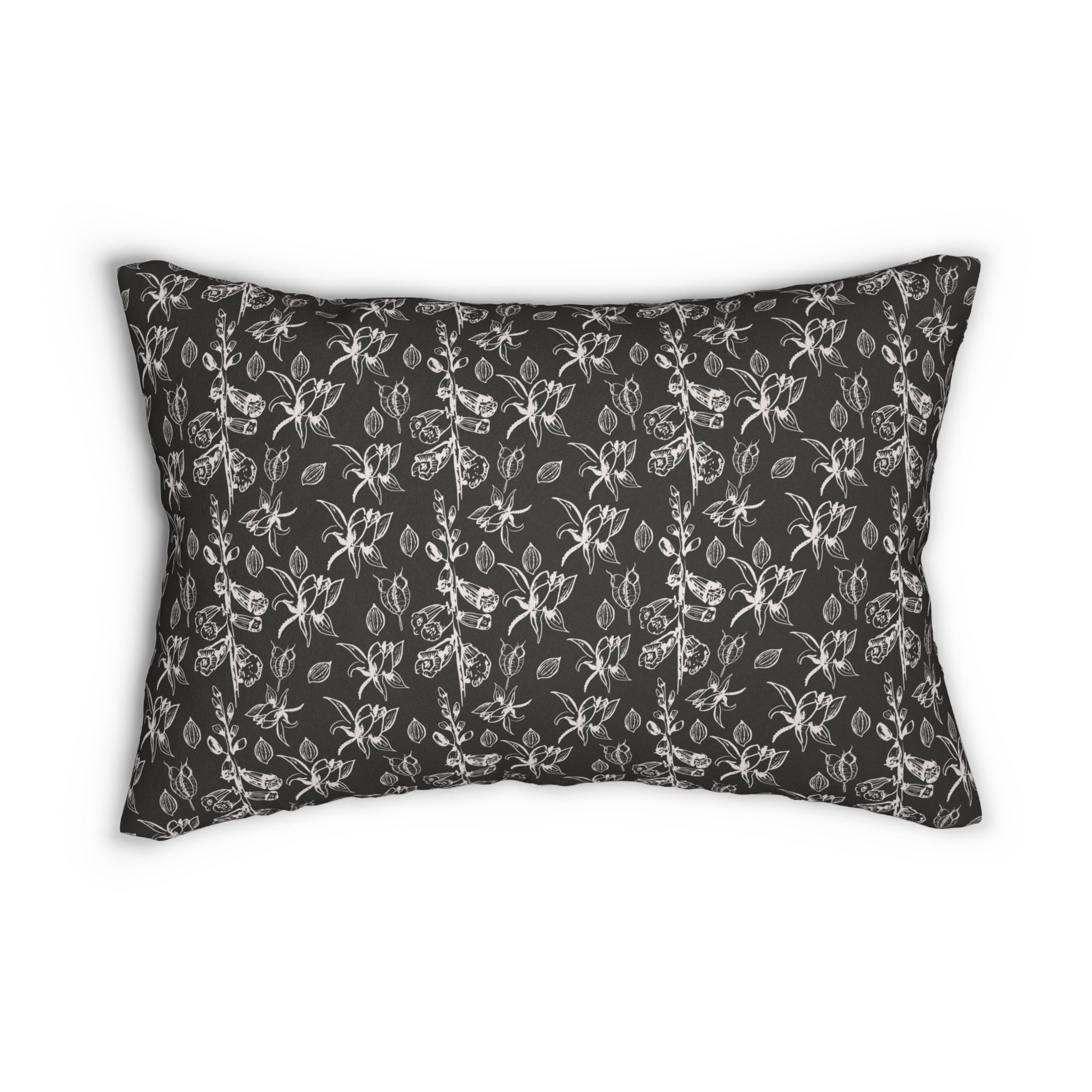 Floral Lumbar Pillow | Black White Herbal Leaves