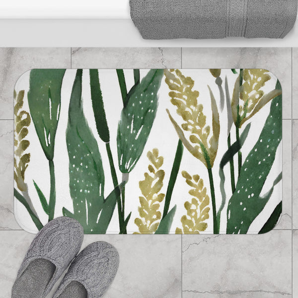 Boho Floral Bath, Kitchen Floor Mat | Sage Green, White Leaves