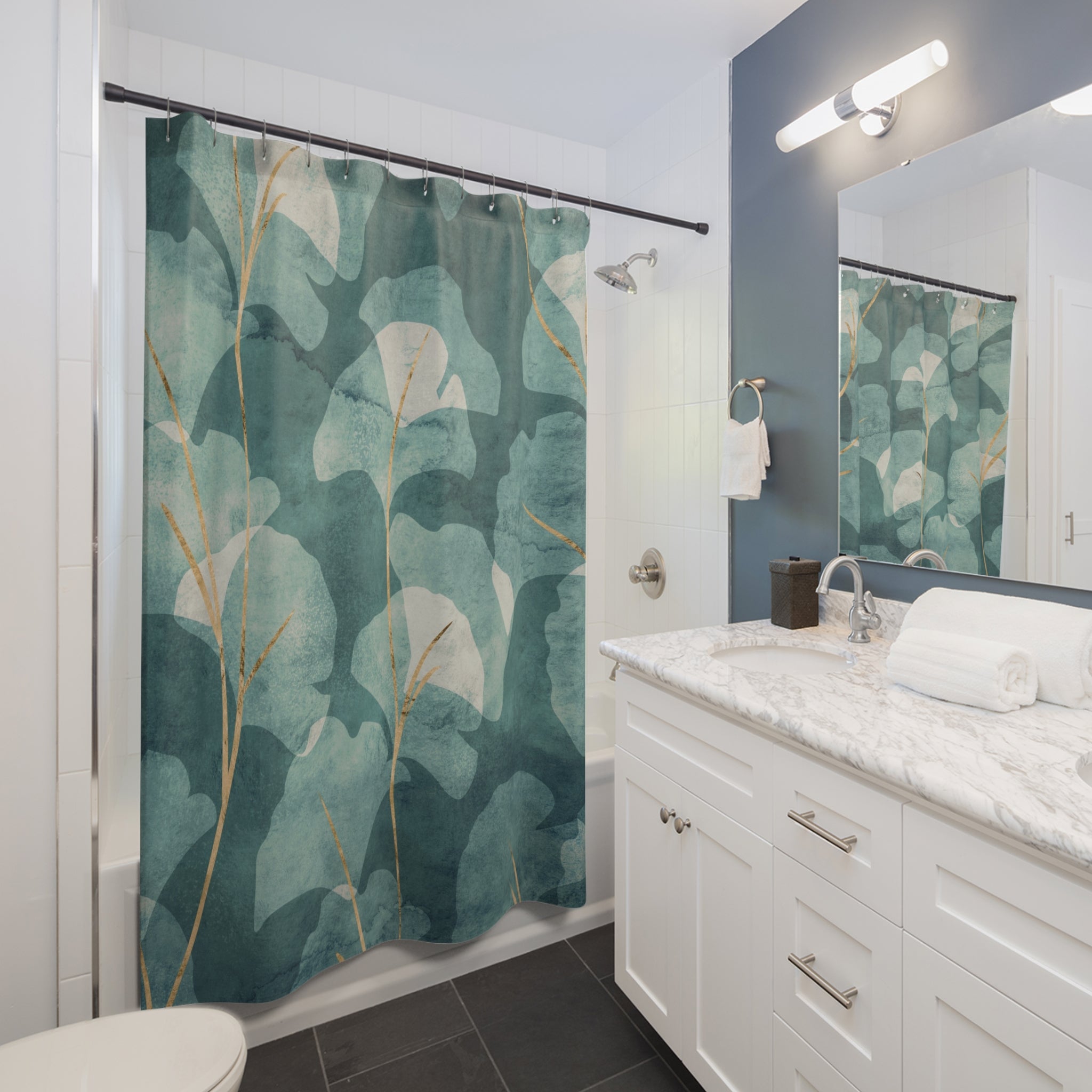 Floral Shower Curtain | Abstract Gingko Leaves, Green