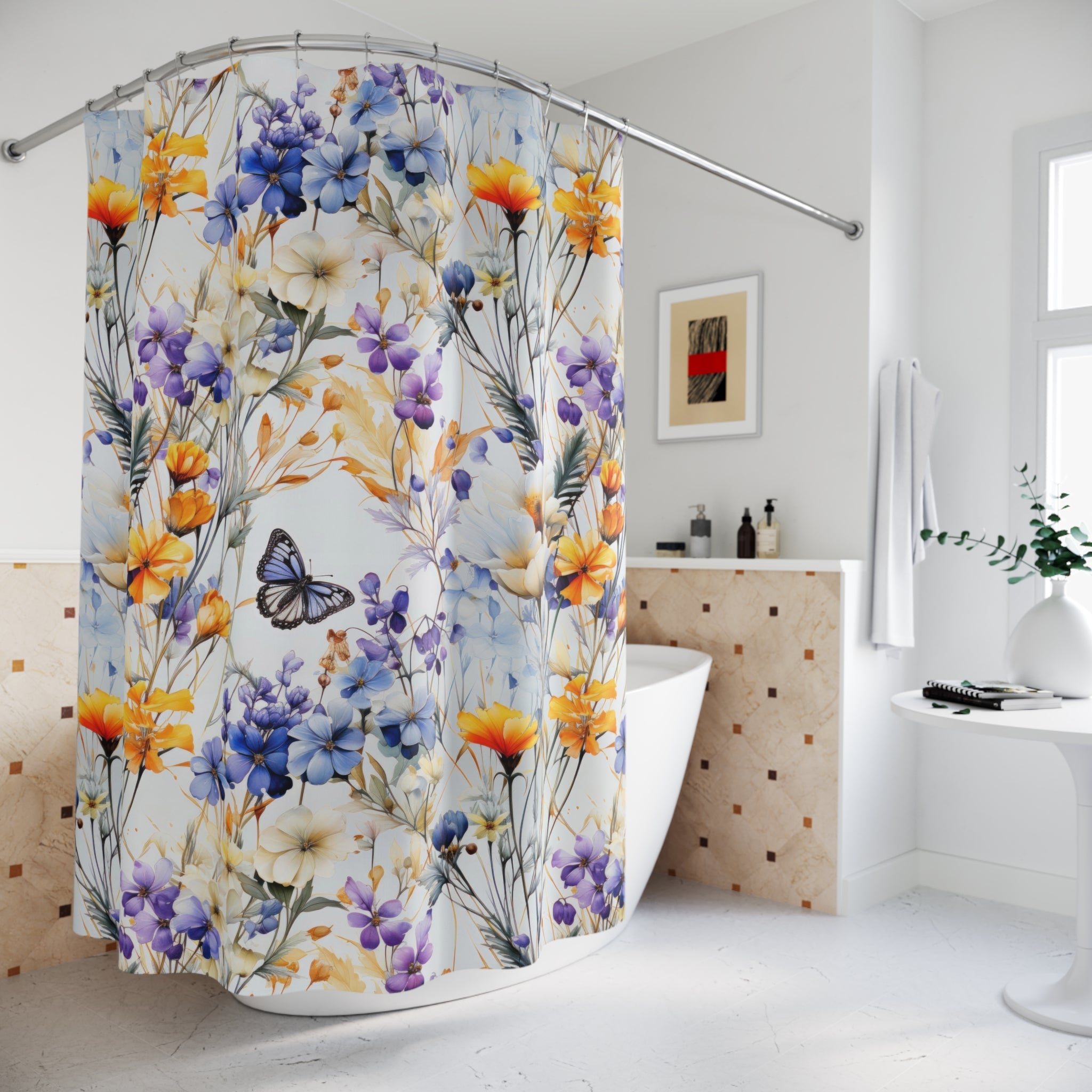 Floral Shower Curtain | Botanical Garden Butterfly Fabric Curtain