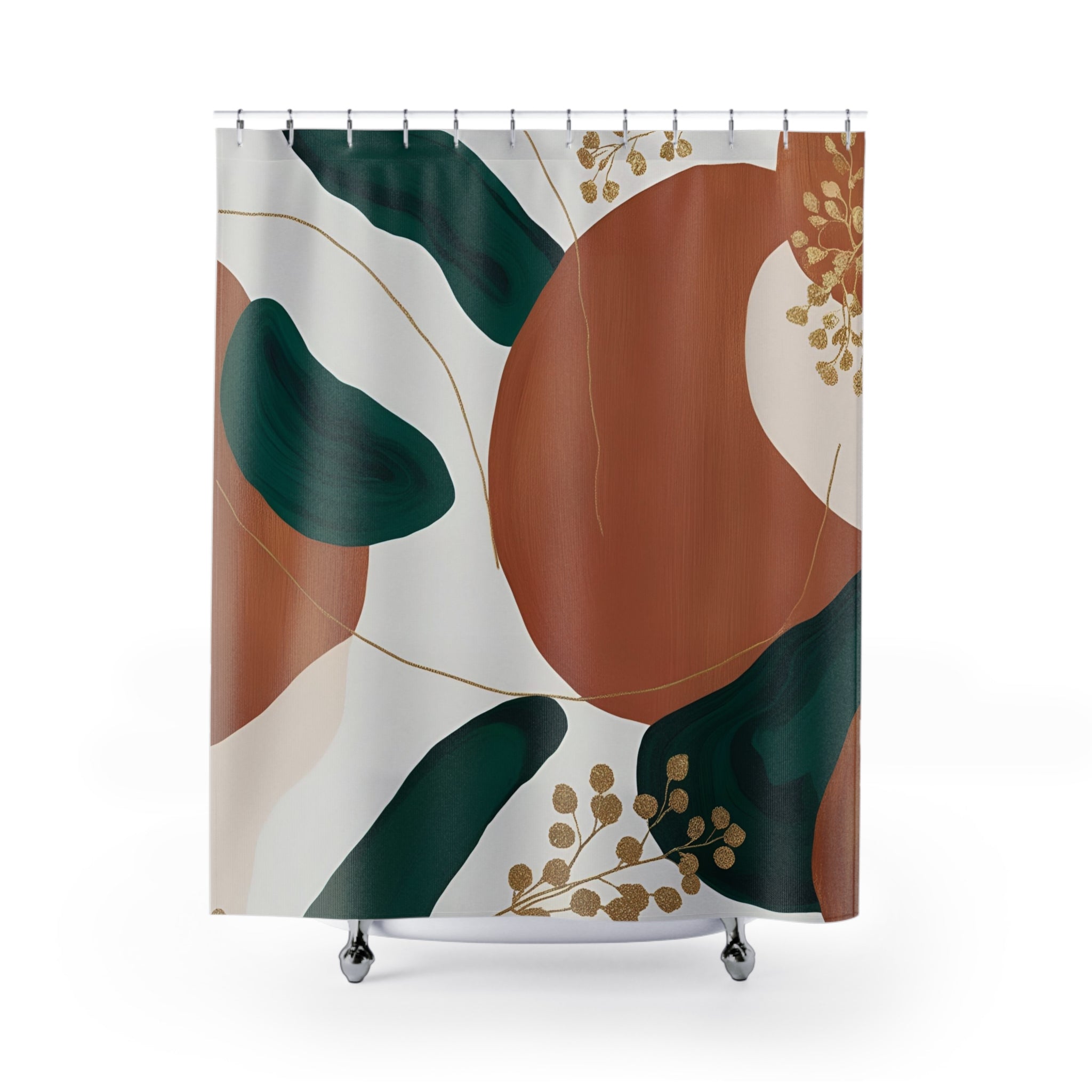 Boho Abstract Shower Curtain | Burnt Orange, Green, Gold Leaves