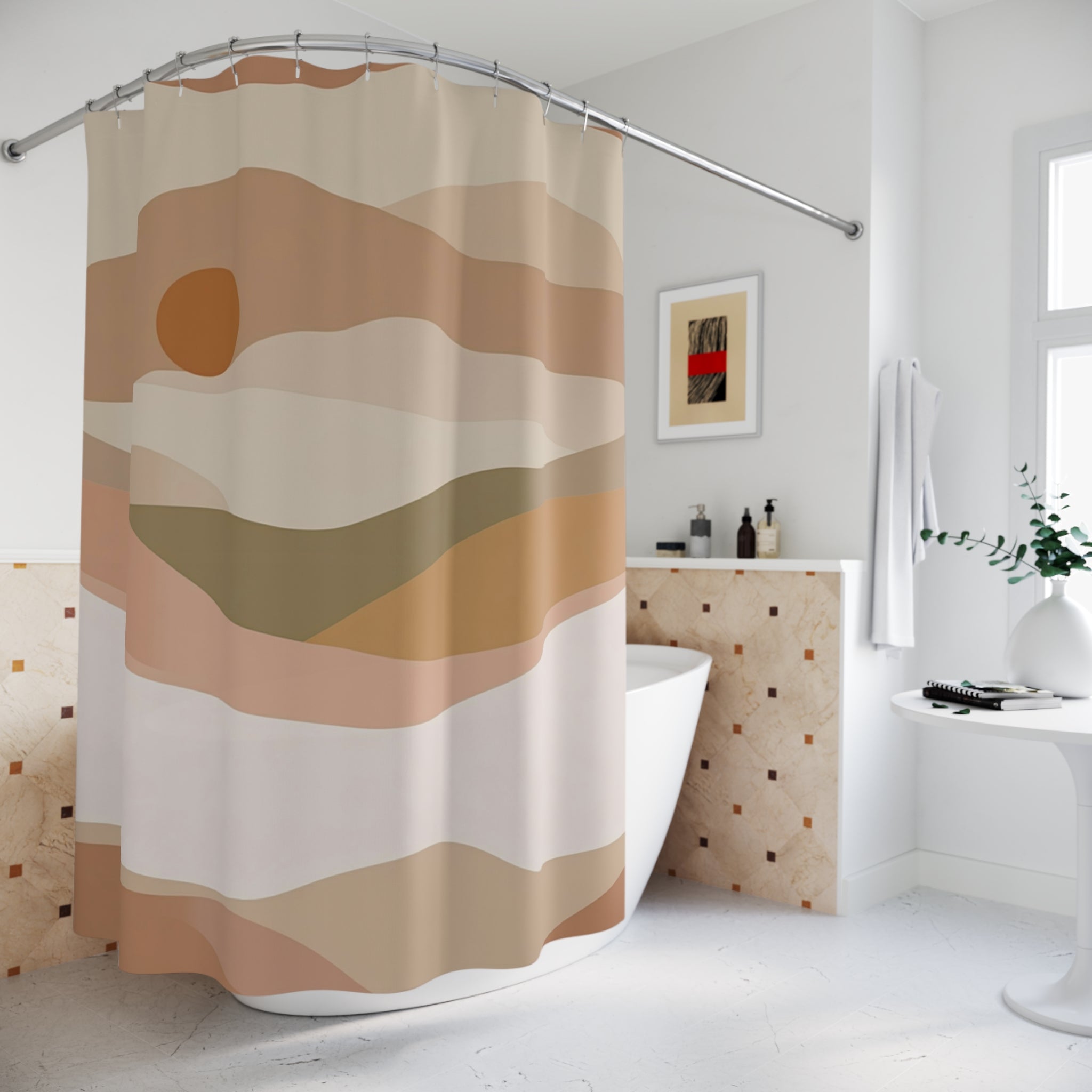 Boho Sun Shower Curtain | Neutral Beige Cream Mountain
