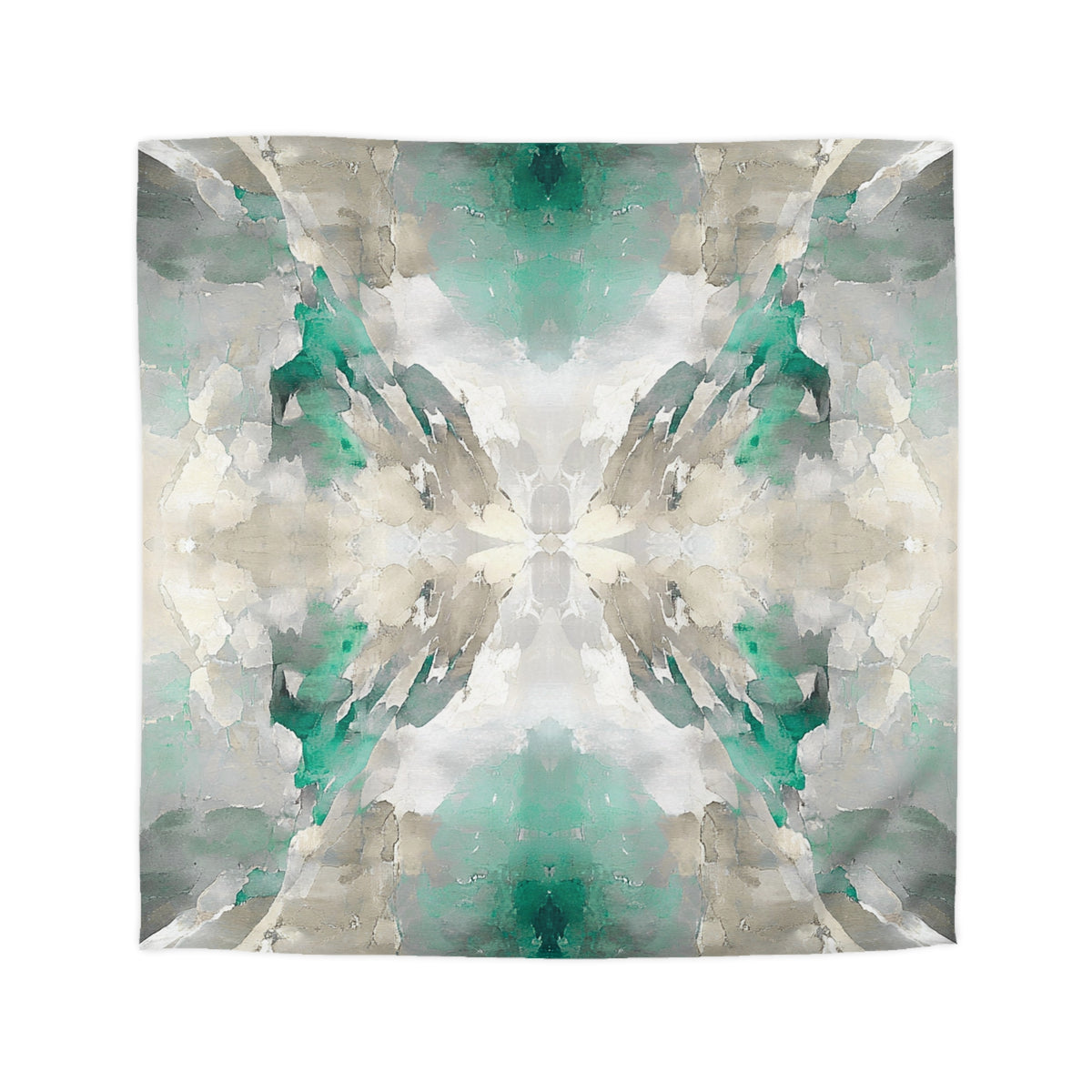 The image is a vibrant abstract painting with a mix of green, gray, and white colors. The painting features a symmetrical design with a central point of focus, creating a sense of balance and harmony. The colors used are predominantly green and gray, with some white accents, giving the painting a modern and contemporary feel.