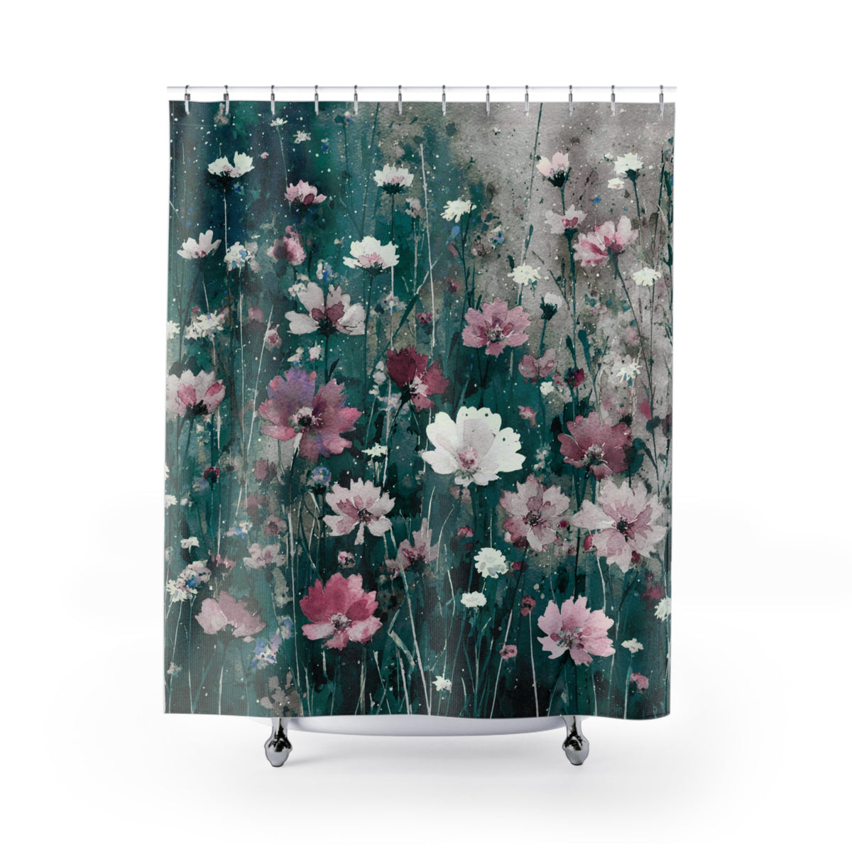 a shower curtain with a floral pattern of pink and white flowers against a dark green background.