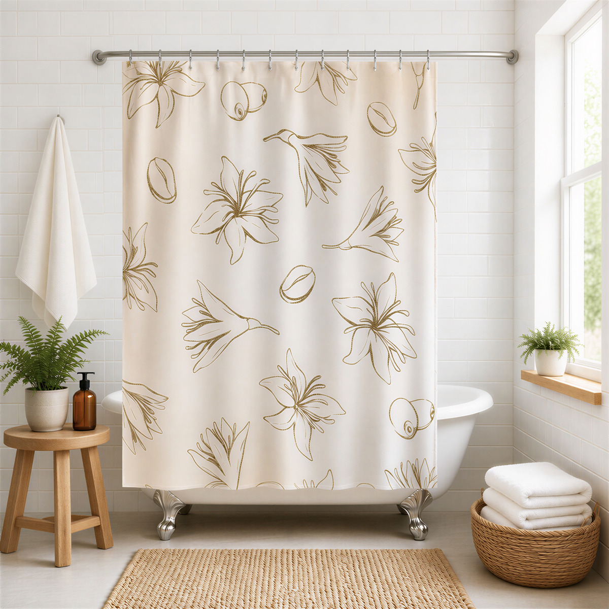 a bathroom with a shower curtain featuring a floral pattern, a white bathtub, a wooden stool, and a basket of towels.