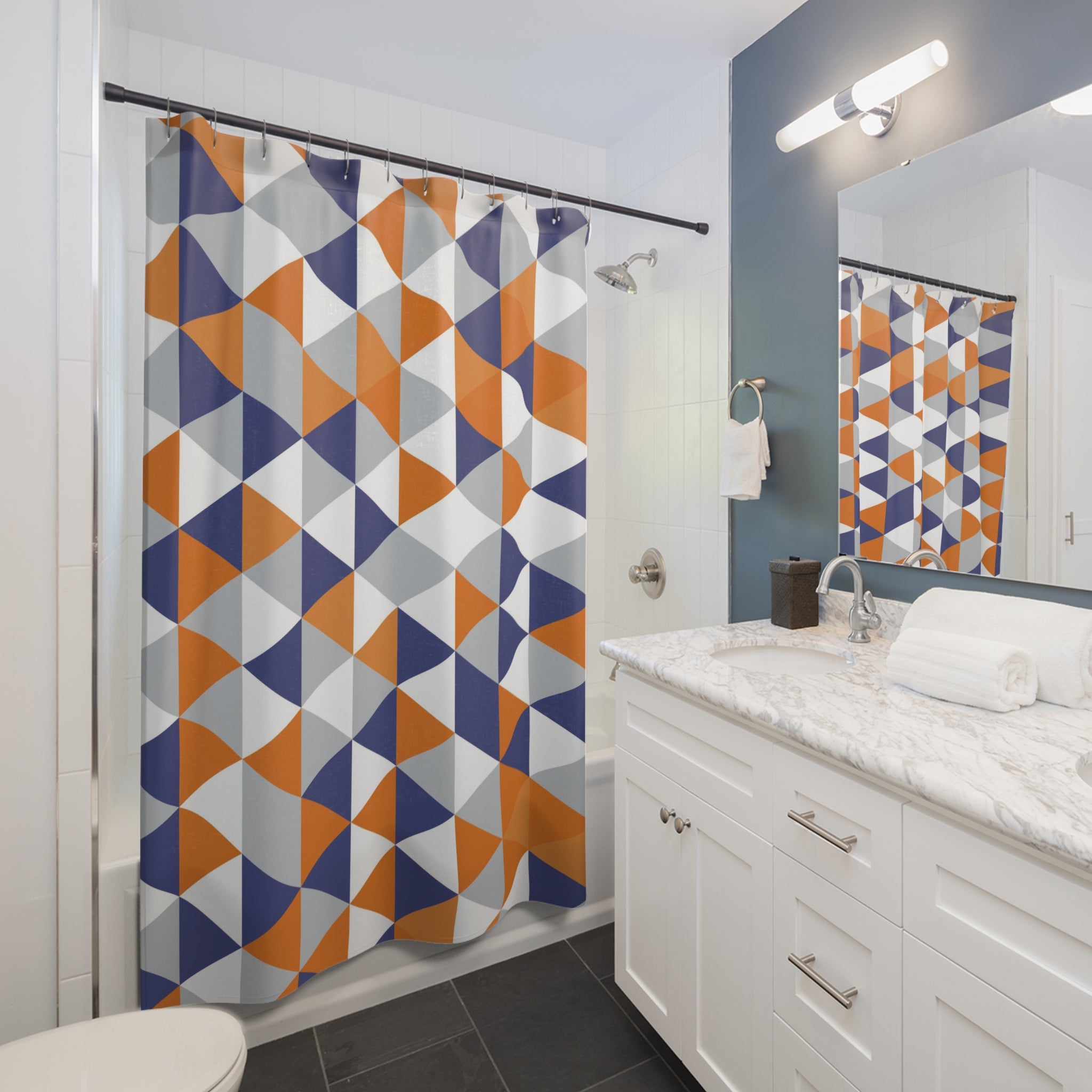 Geometric Shower Curtain | Orange Blue White Gray