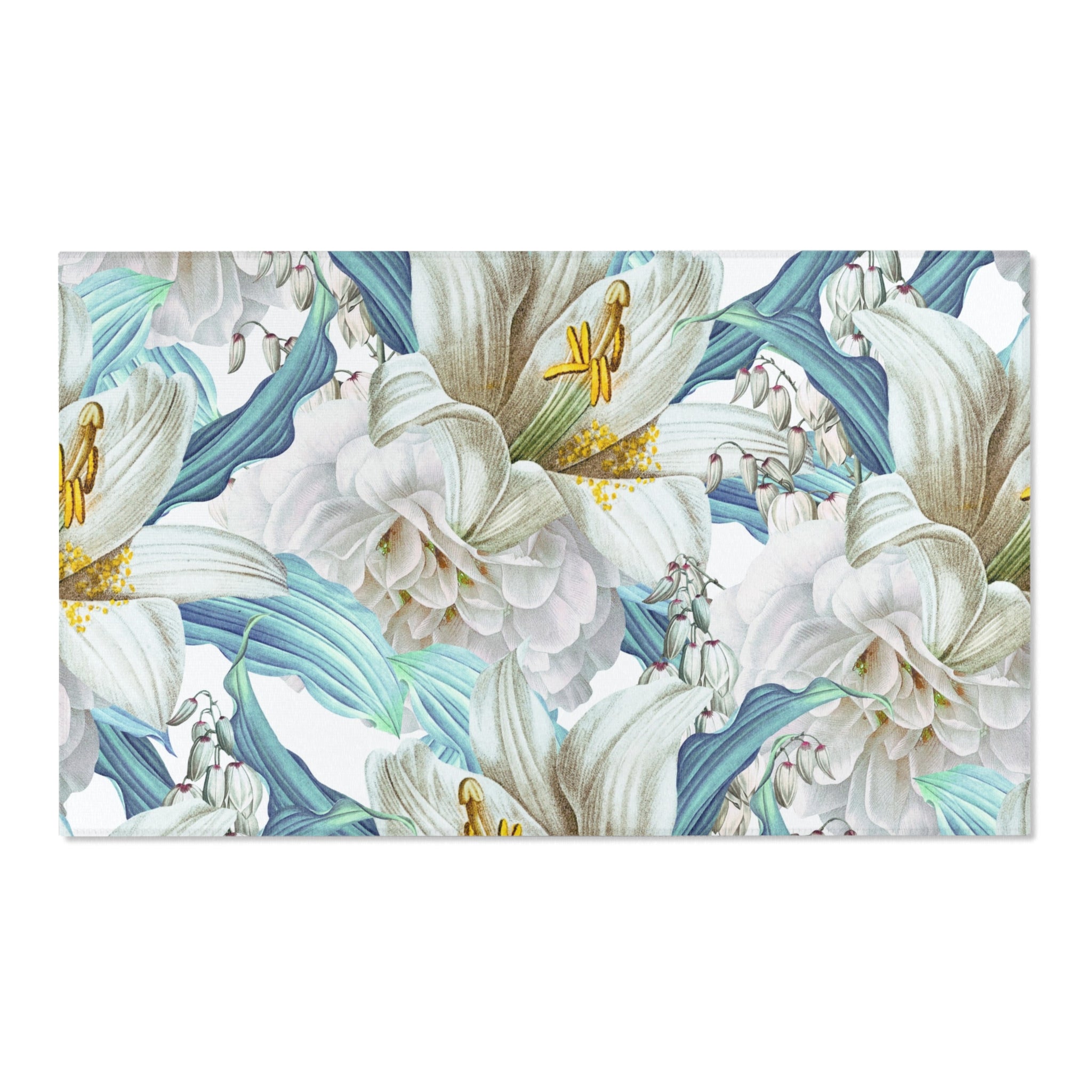 Floral Large Area Rug | Botanical White Teal Blue