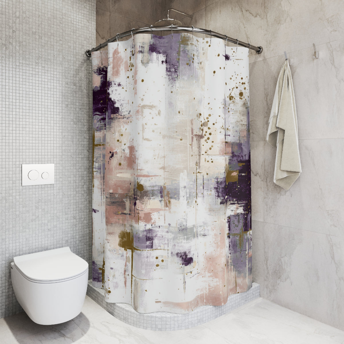 a modern bathroom with a shower curtain featuring abstract art in shades of purple and white. The shower curtain is hanging on a rod next to a towel. The bathroom has a white toilet and tiled walls, creating a clean and minimalist aesthetic.