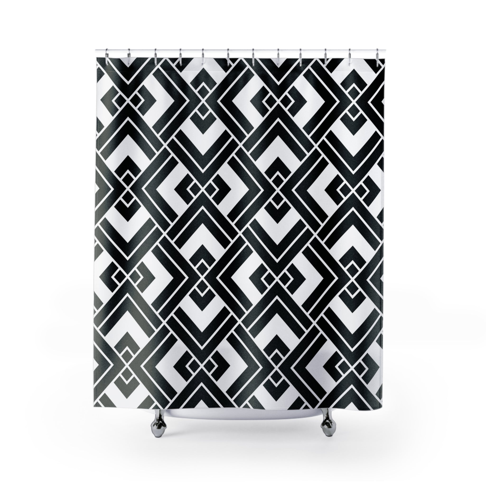 a black and white shower curtain with a art deco pattern