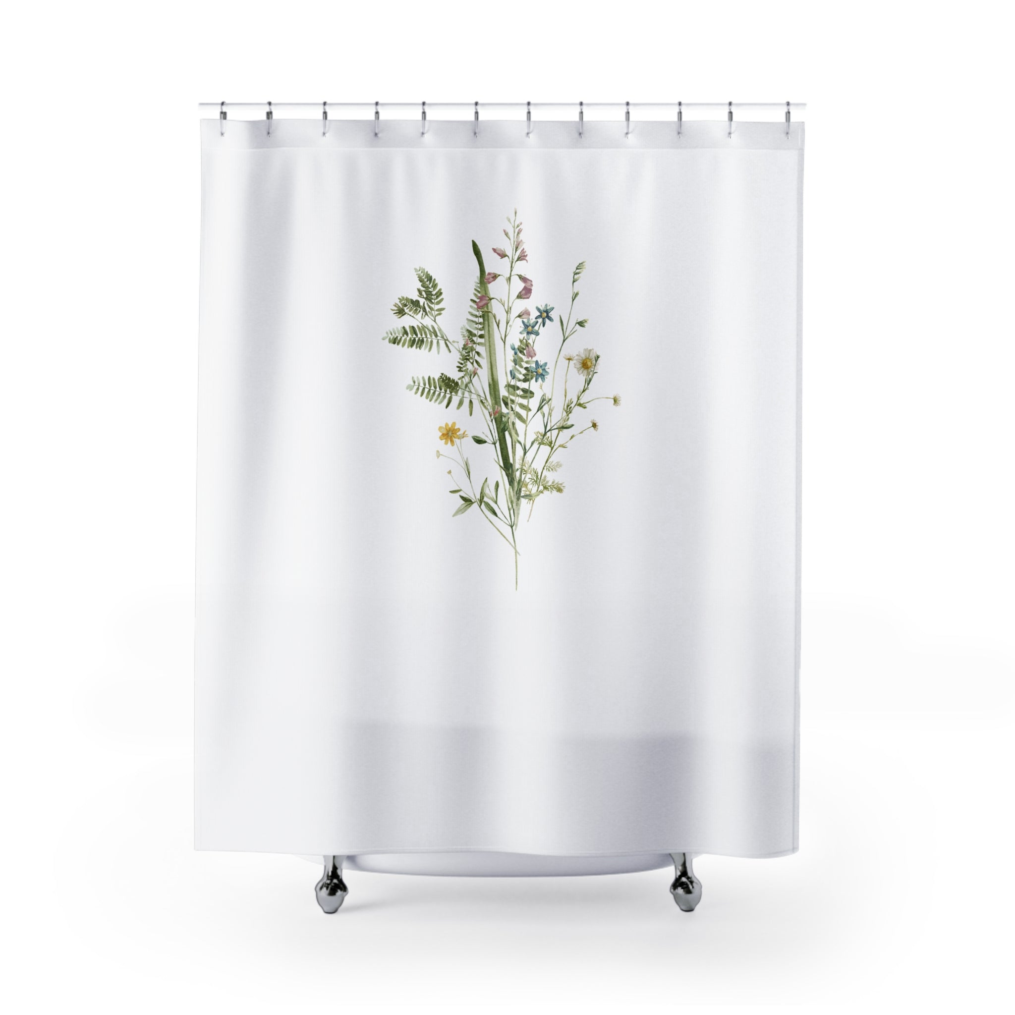 White Shower Curtain | Floral, Sage Green Leaves