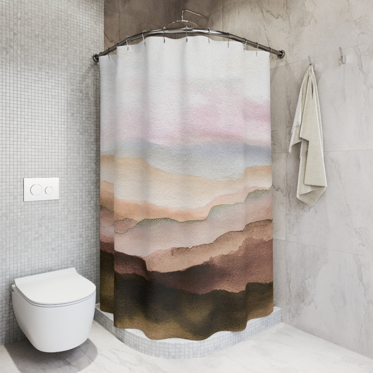 a bathroom with a shower curtain featuring a landscape design, a white toilet, and a towel rack.