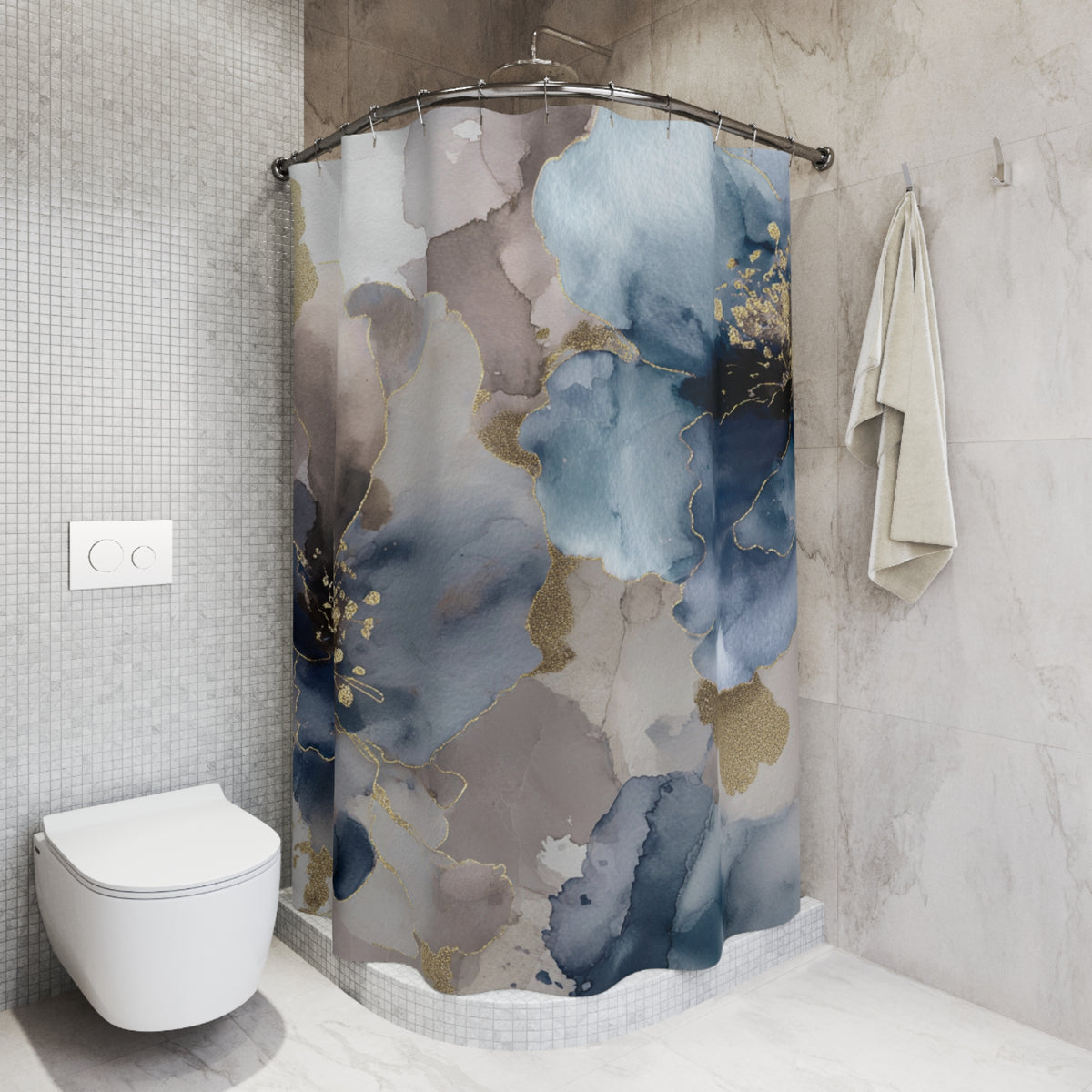 a bathroom with a shower curtain featuring a floral pattern in shades of blue and gray. The shower curtain is hanging on a rod next to a towel. The bathroom also includes a toilet and a tiled wall.
