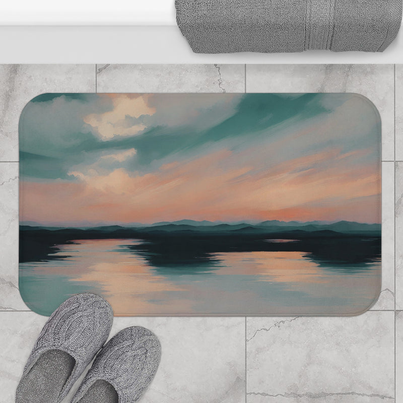 Abstract Bath Mat, Kitchen Mat | Ocean Sunset, Teal Orange