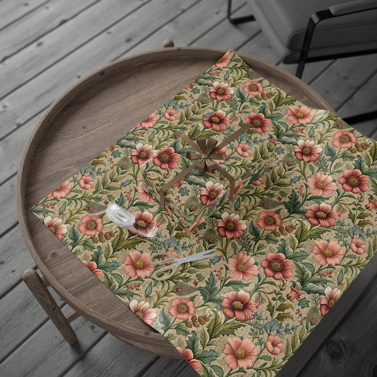 Pink Sage Green Chintz Floral Wrapping Paper, Gift Wrap