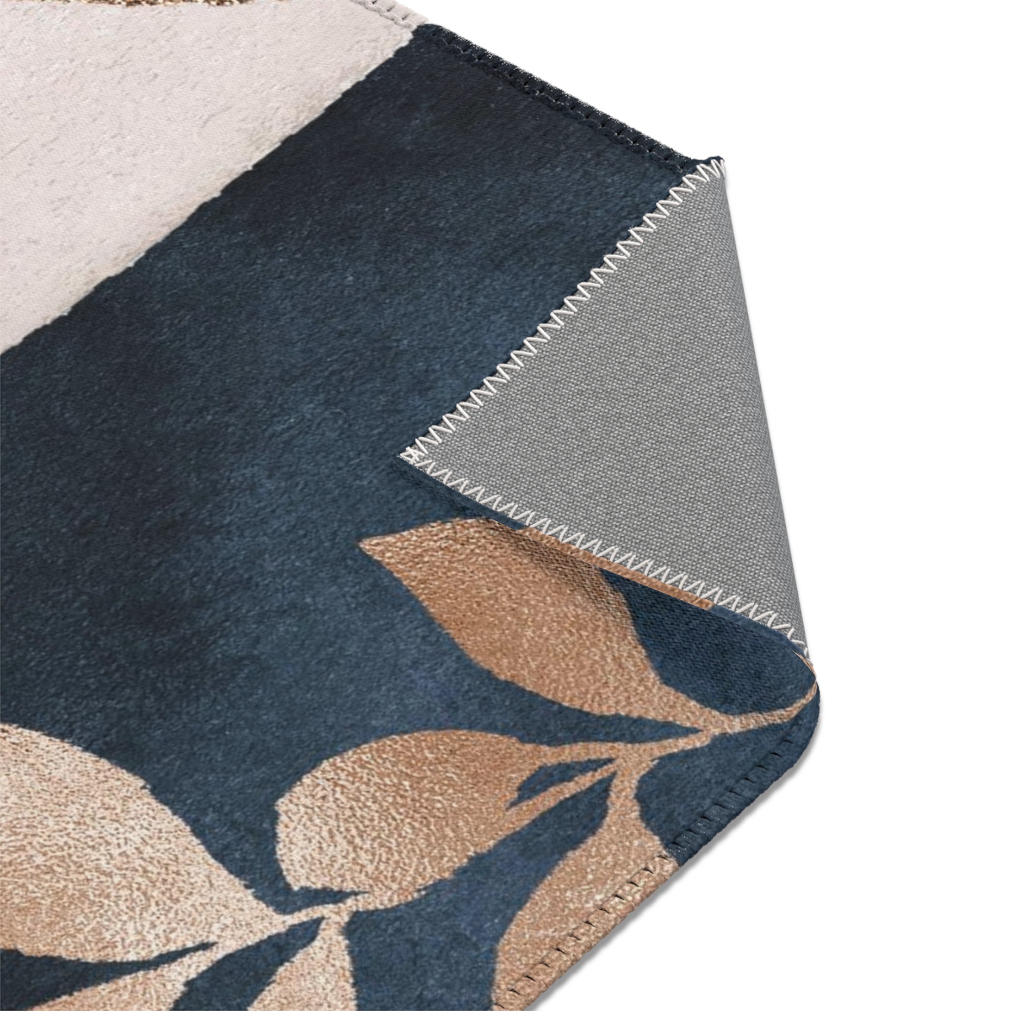 Abstract Boho Area Rug | Navy Blue, Beige Ivory Gold Leaves