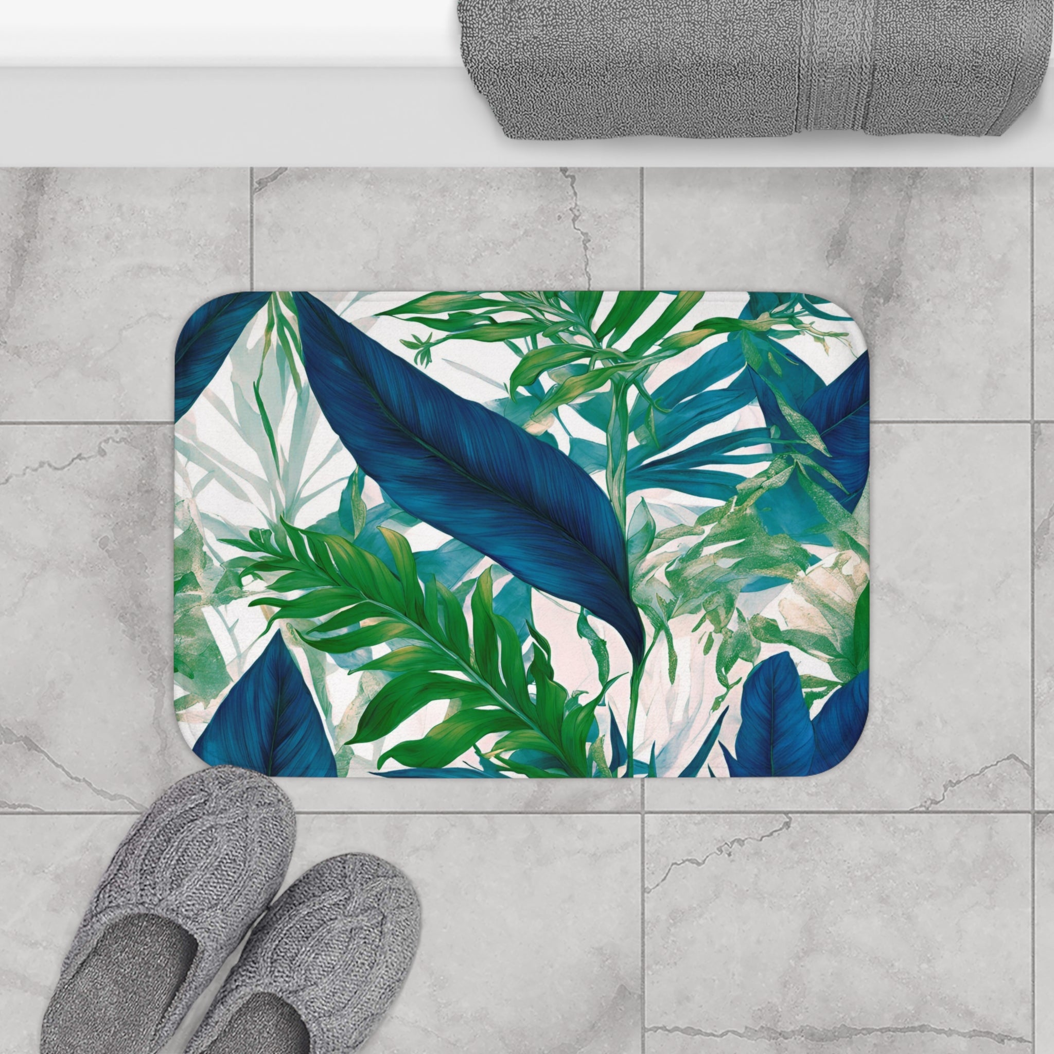 Tropical Floral Bath, Kitchen Mat | Coastal Indigo Blue, Emerald Green