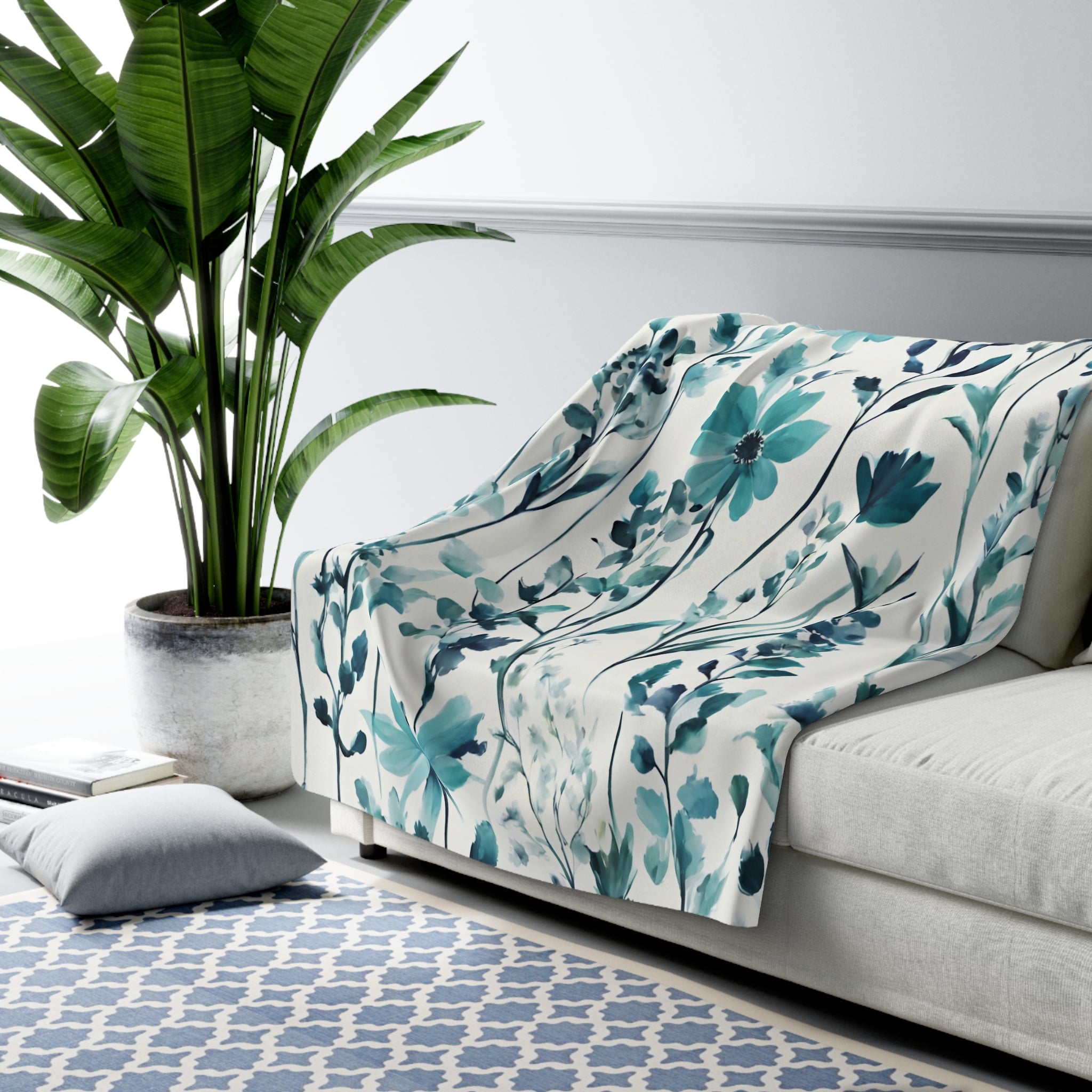 Floral Comfy Blanket | Teal Green, Blue Wildflowers