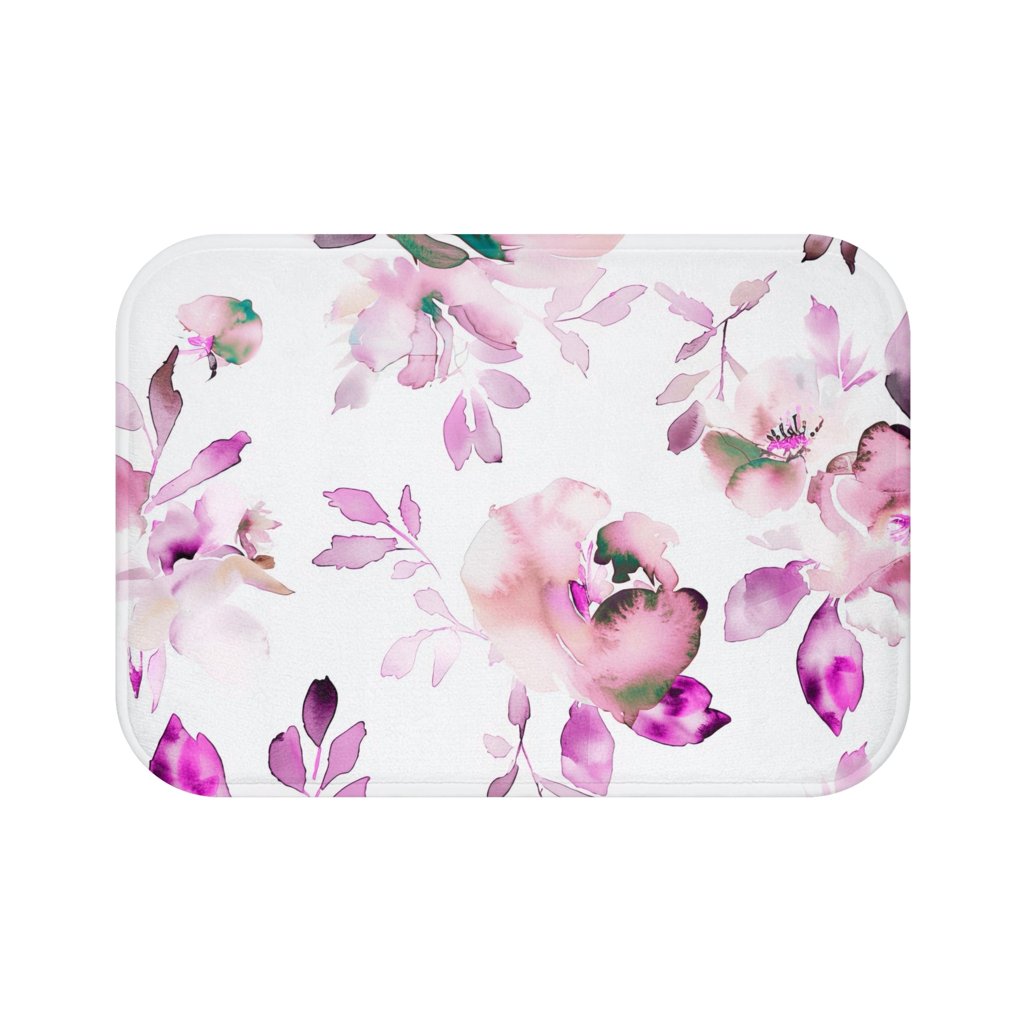 Floral Bath, Kitchen Mat | White Pink, Green Leaves Watercolor