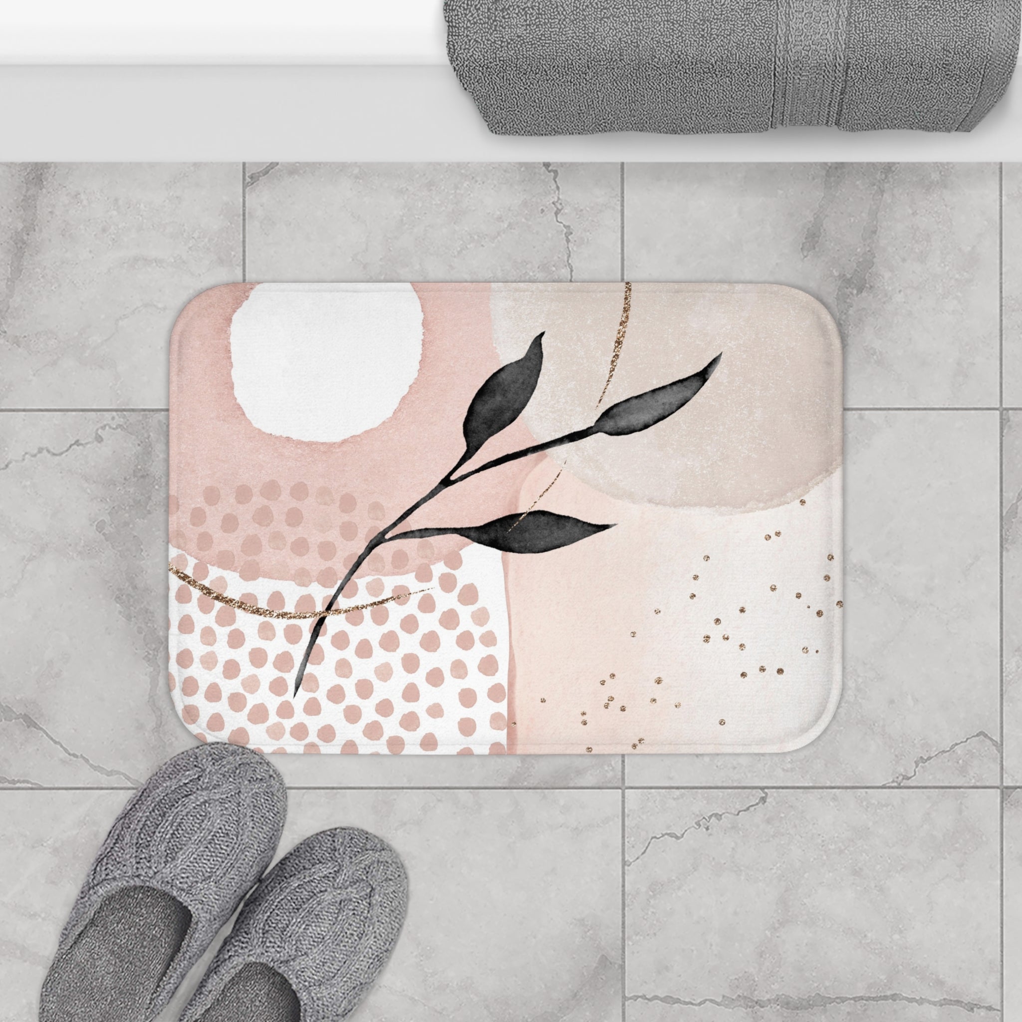 Abstract Boho Bath, Kitchen Mat | Blush Pink, Grey Black Leaf