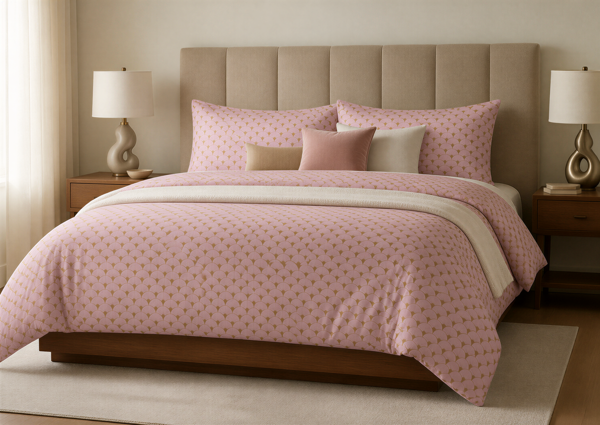 a well-made bed with a pink and white patterned comforter and pillows, flanked by two lamps on either side of the bed.