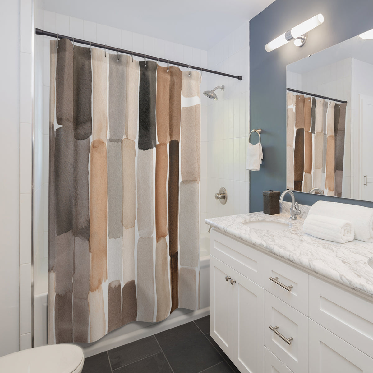 Taupe Beige Abstract Stripe Shower Curtain, Bath Curtain 71x74