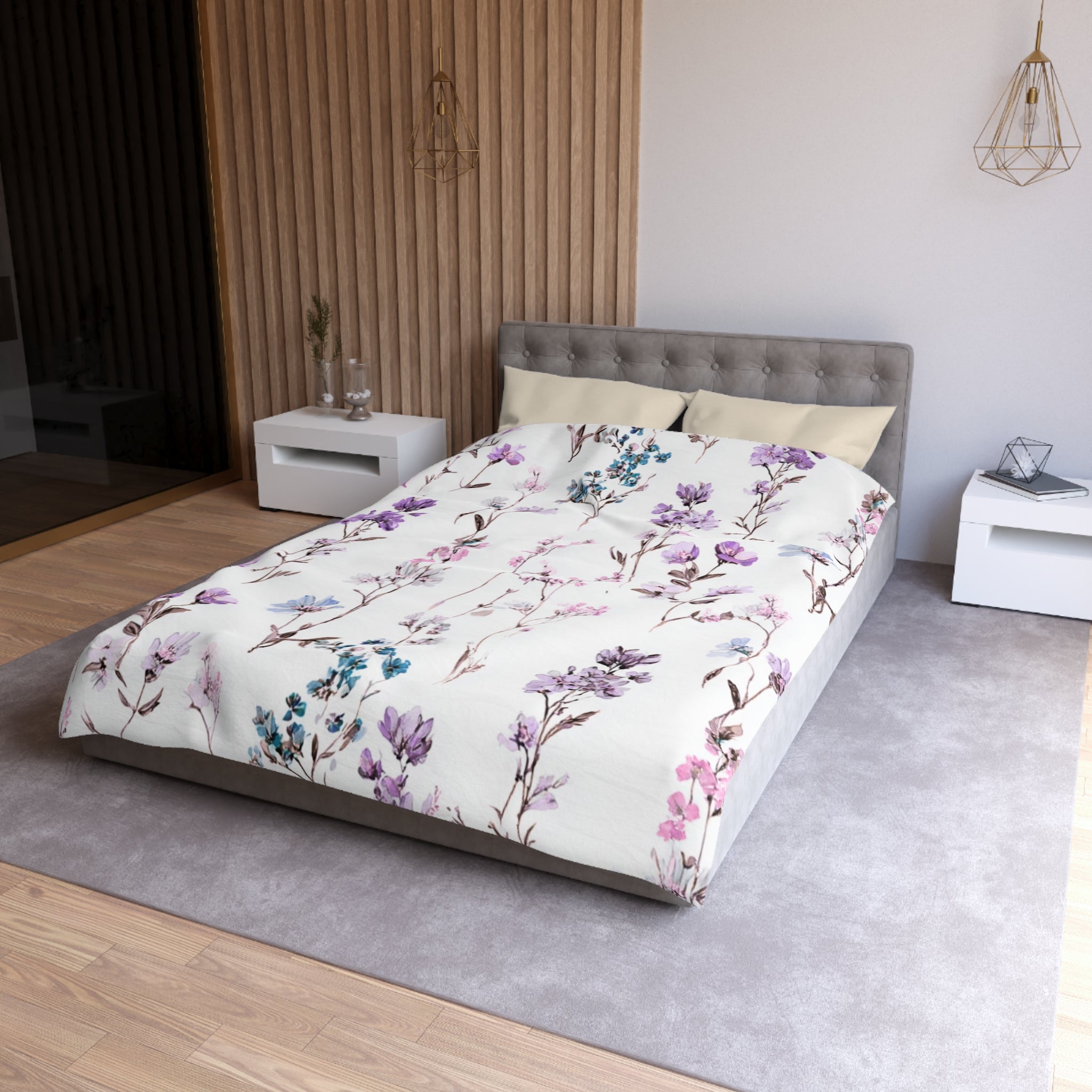 Floral Modern Duvet, Pillow Cover | White Purple Bedroom Decor