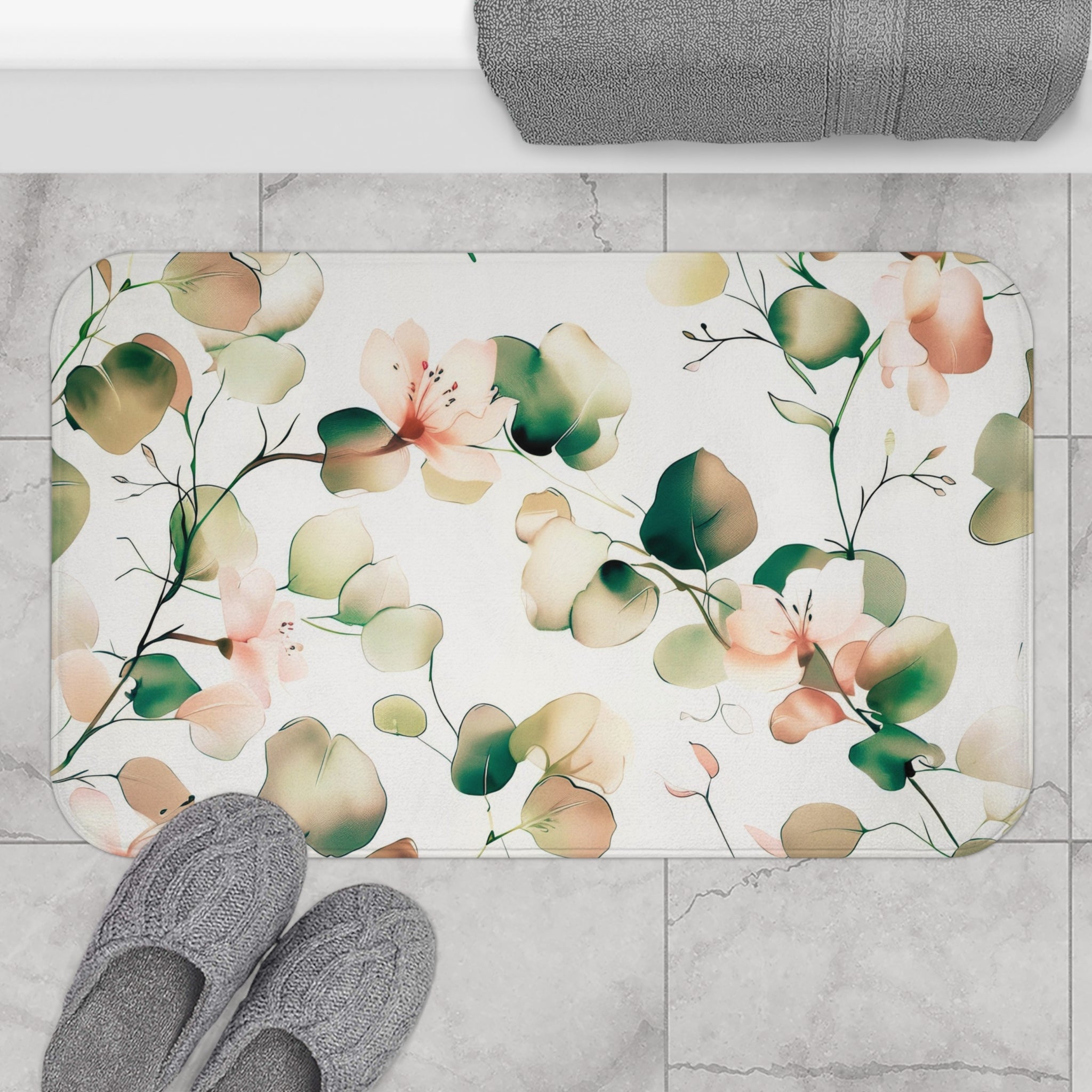 Boho Bath, Kitchen Mat | Floral, Sage Green, Blush Pink, White