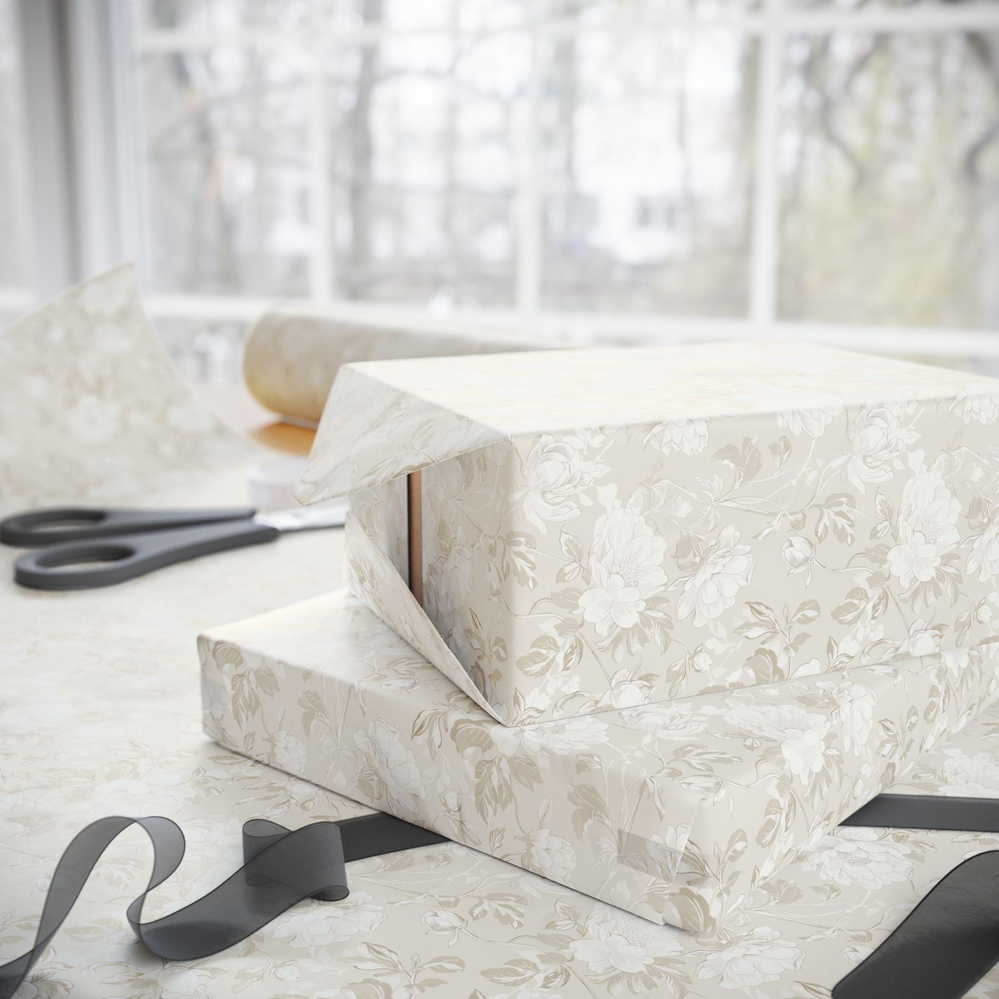 a close-up view of a pair of scissors and two wrapped gifts with a floral pattern on the wrapping paper.