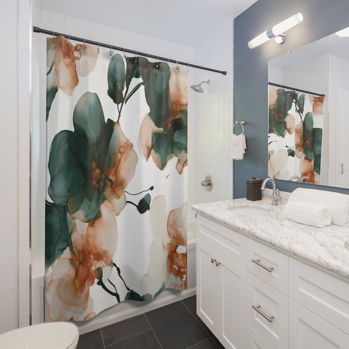 a modern bathroom with a white vanity, a large floral shower curtain, and a marble countertop.