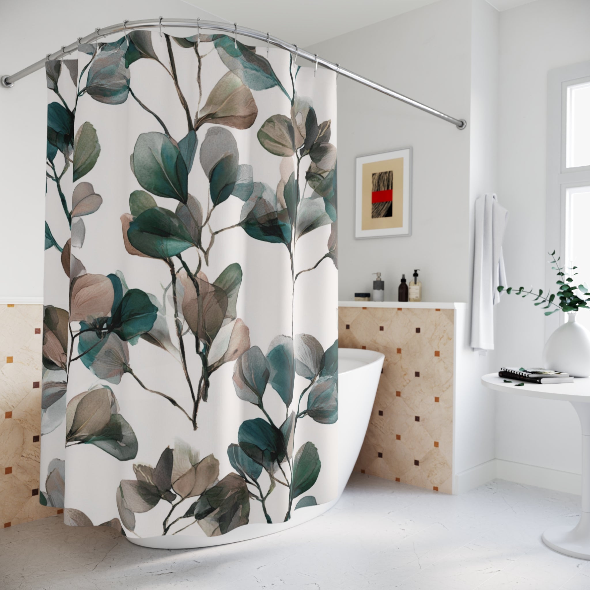 Floral Shower Curtain | Boho Abstract Beige Teal Green