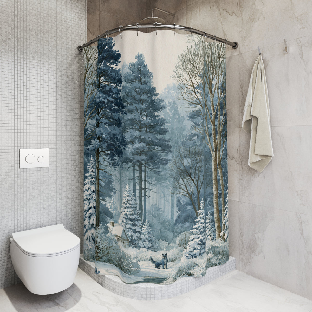 Frosted Blue Snowy Forest Shower Curtain, Bath Curtain 71x74