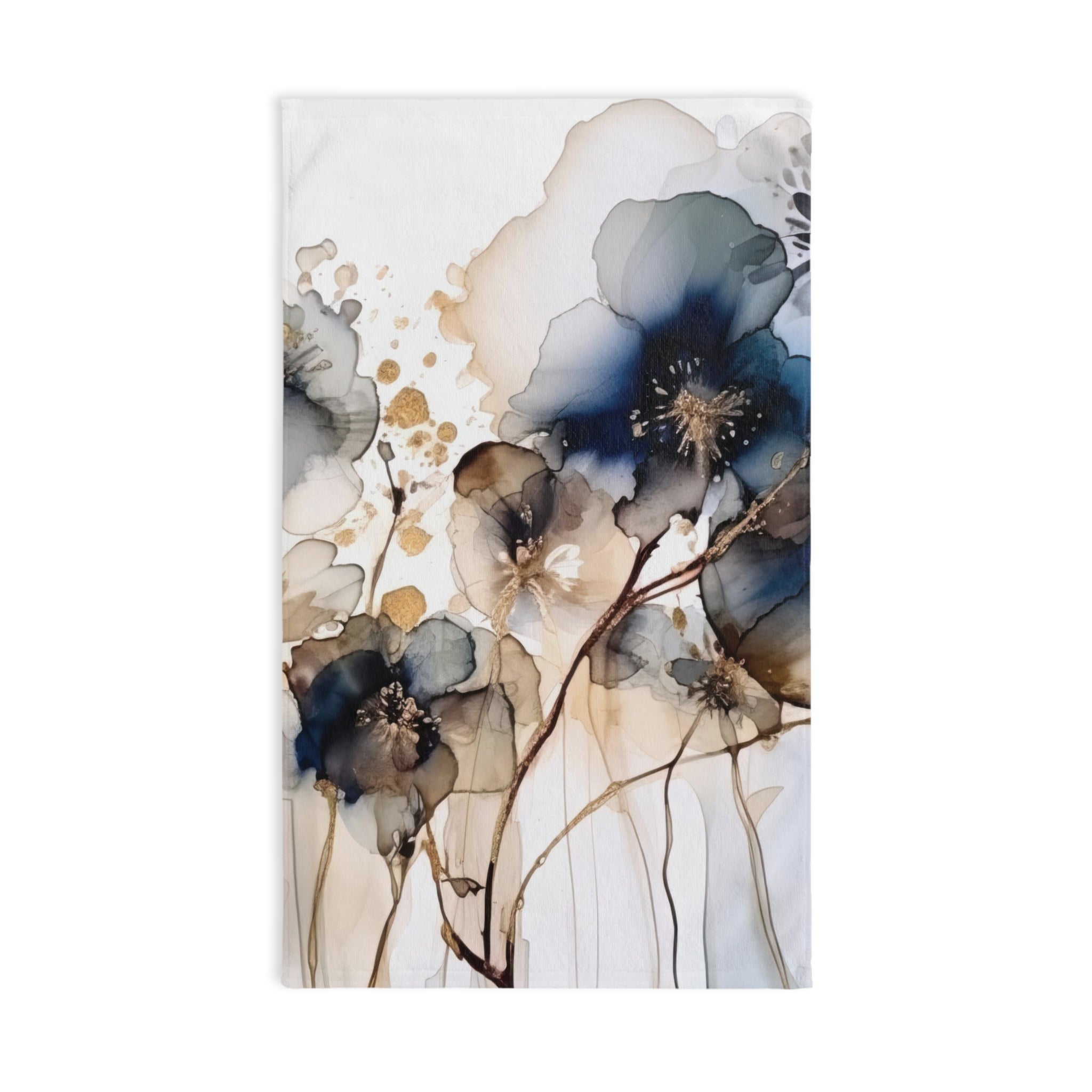 Abstract Floral Kitchen, Bath Hand Towel | Navy Blue, Beige Ombre