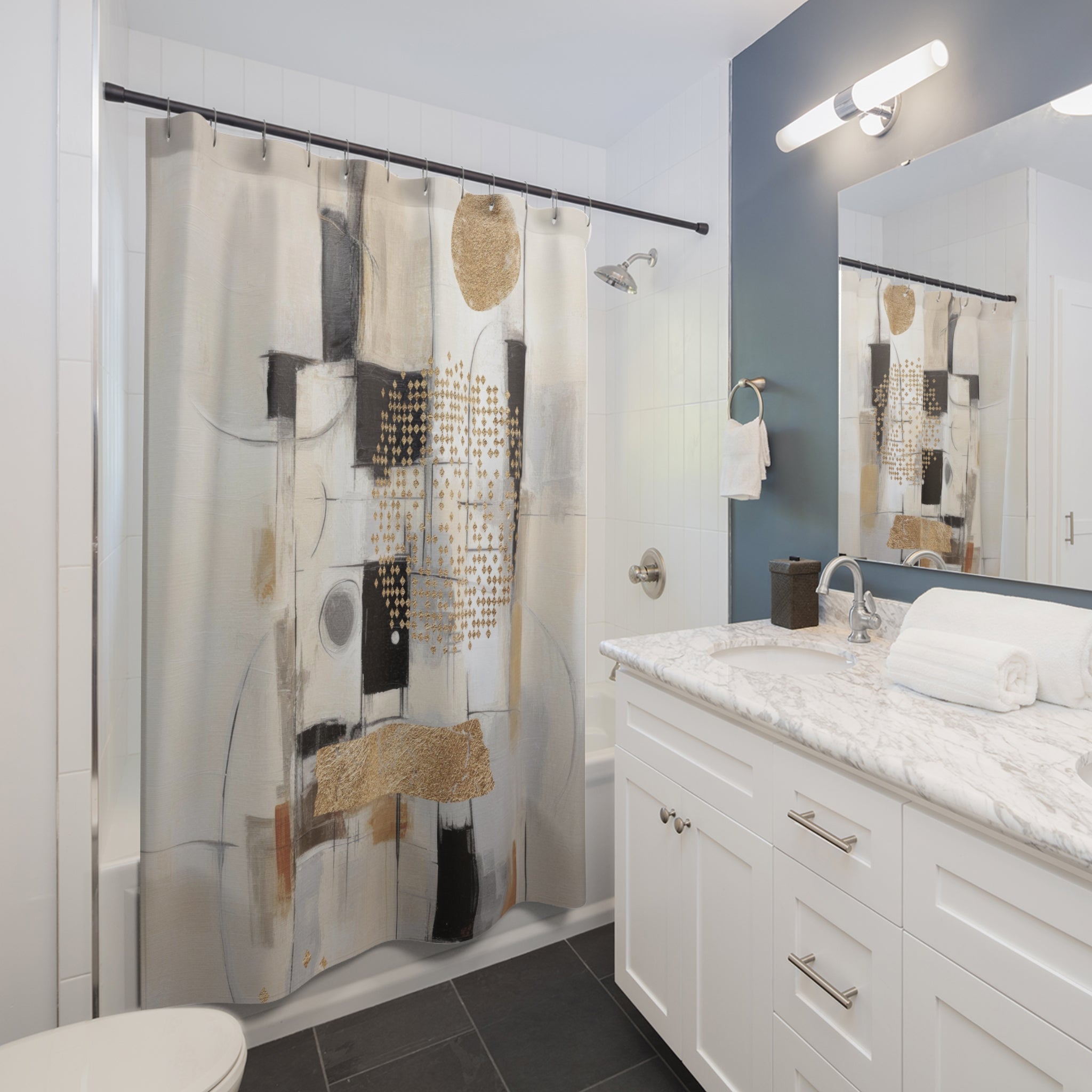 Abstract Shower Curtain | Beige Black Geometric Bathroom Decor