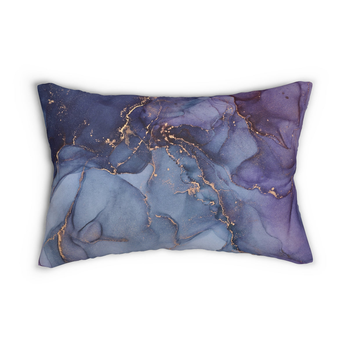 A decorative pillow with a marble-like pattern in shades of blue and purple, featuring gold accents.