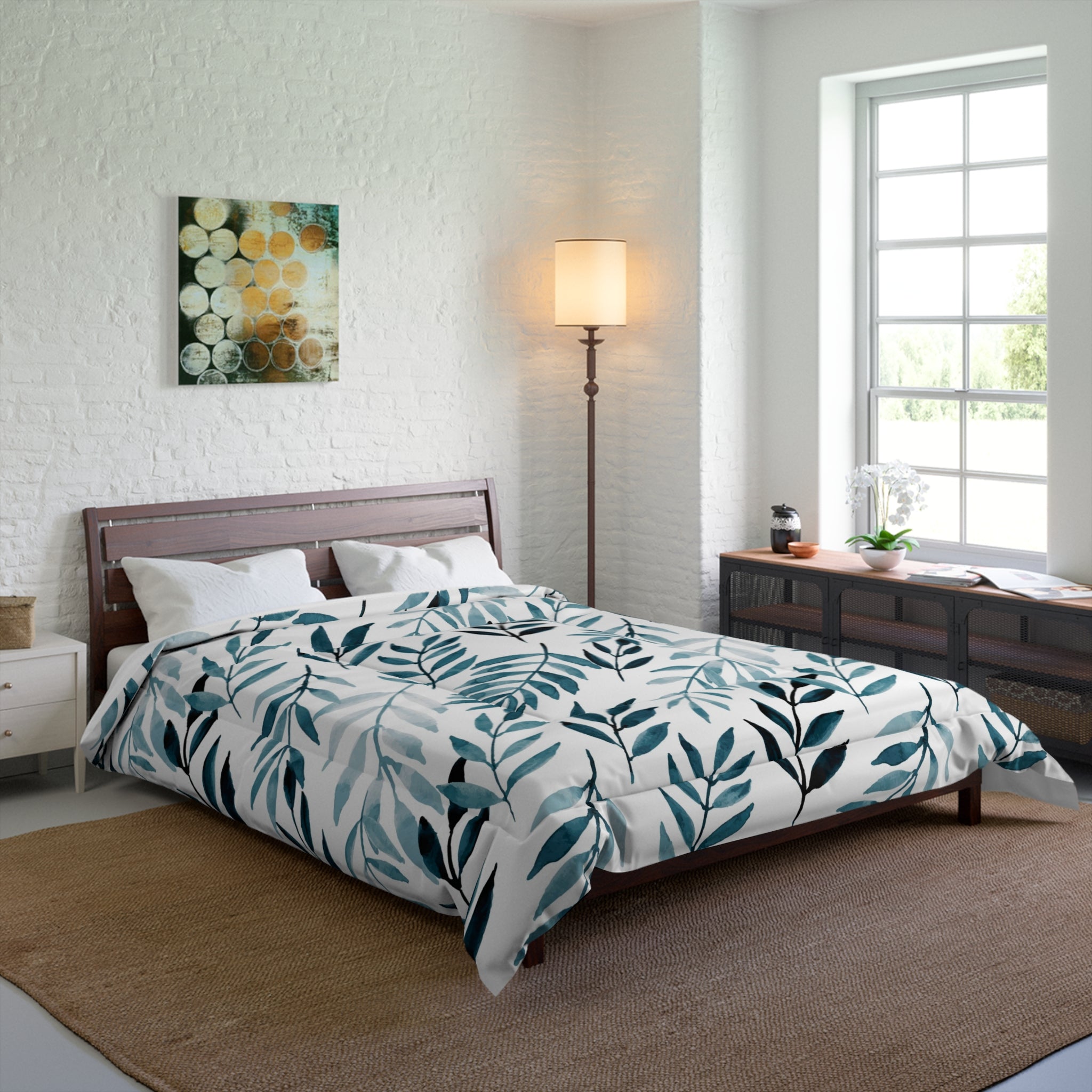 Bedding Comforter | Floral, Navy Denim Blue, White