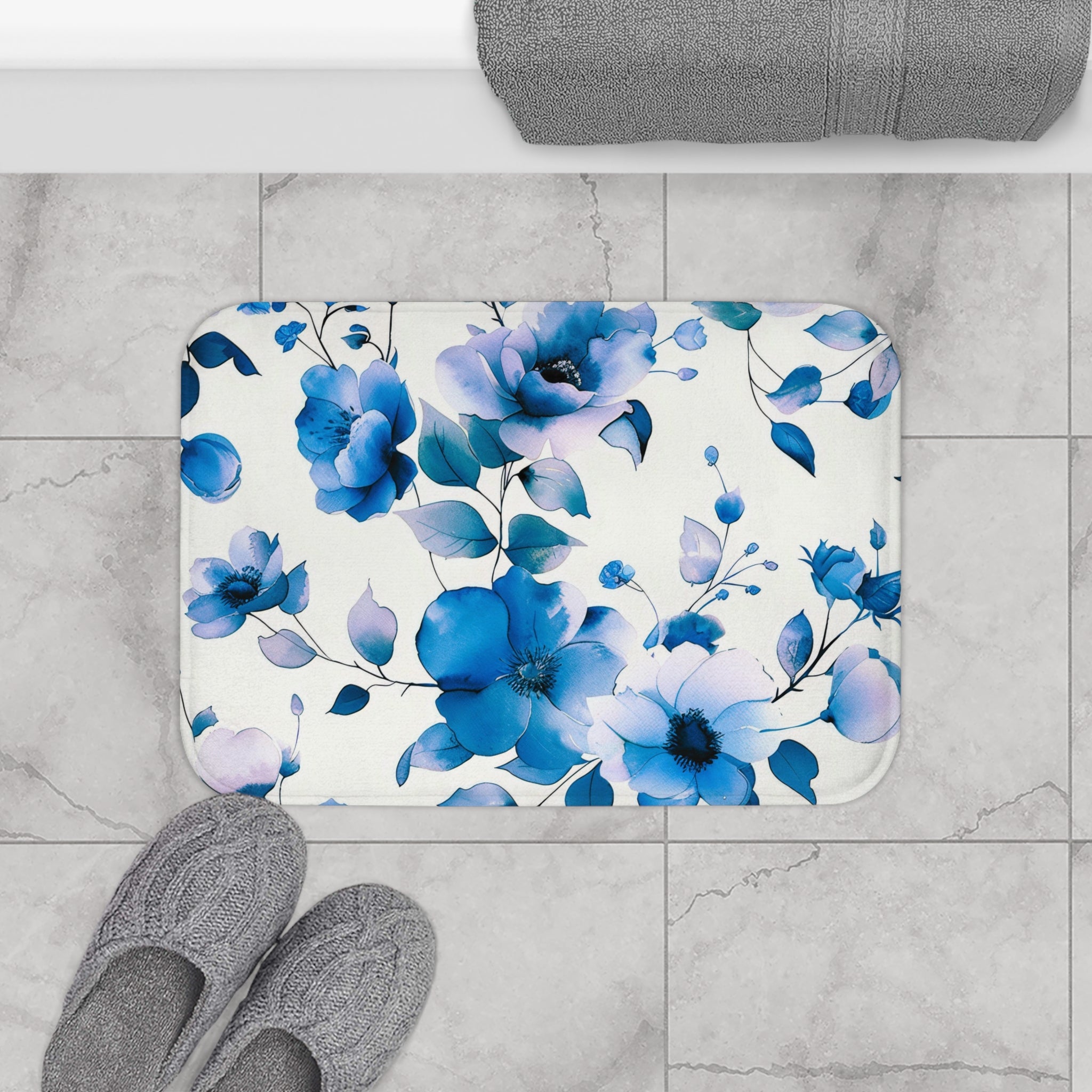 Bath, Kitchen Mat | Floral, Indigo Blue, Lavender White