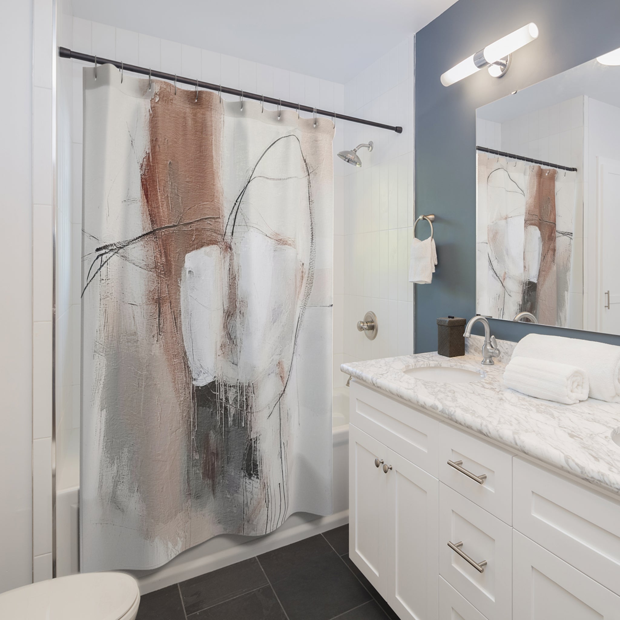 Boho Shower Curtain | Abstract Art White Grey, Beige Minimalist