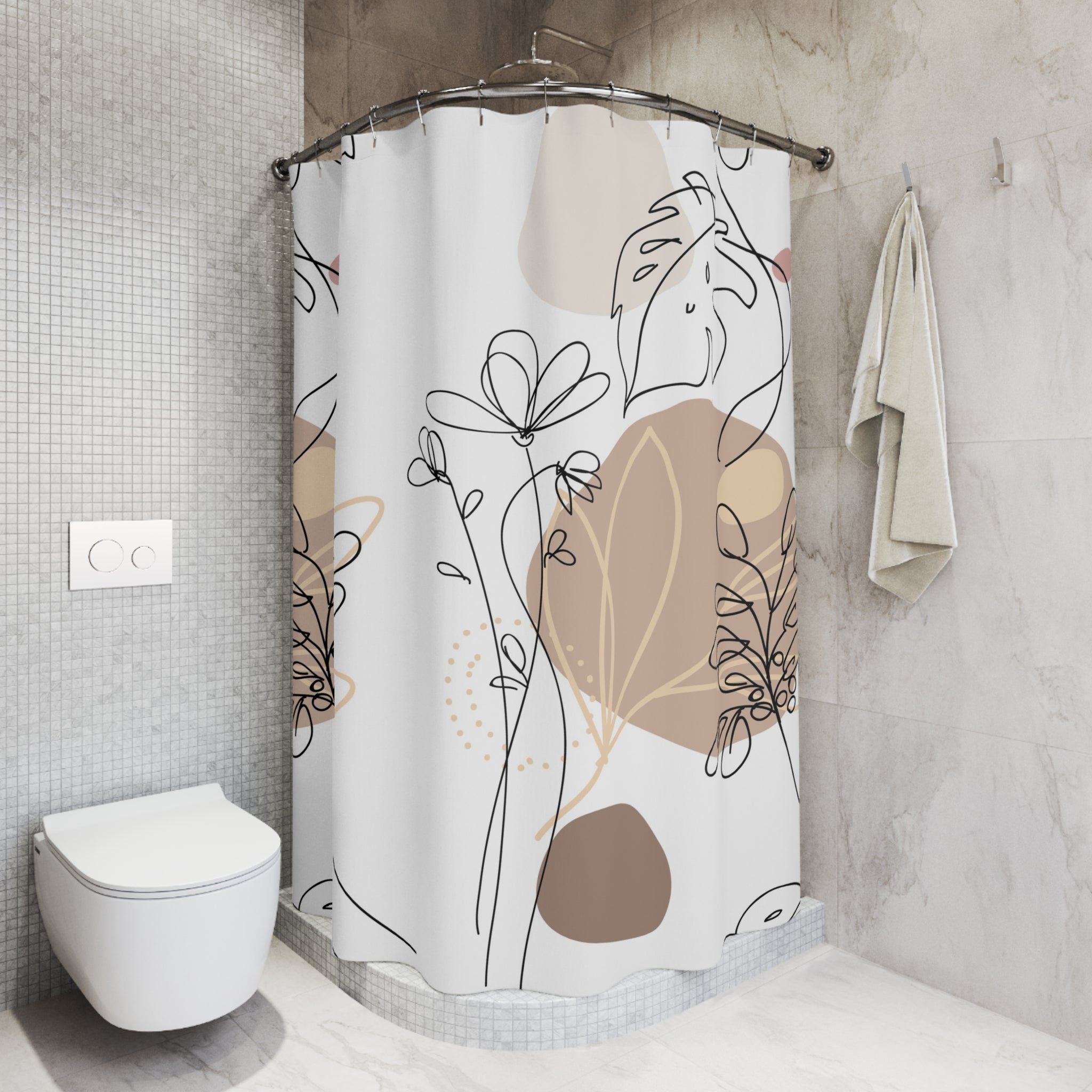 Abstract Boho Shower Curtain | Bohemian Beige White Line Art